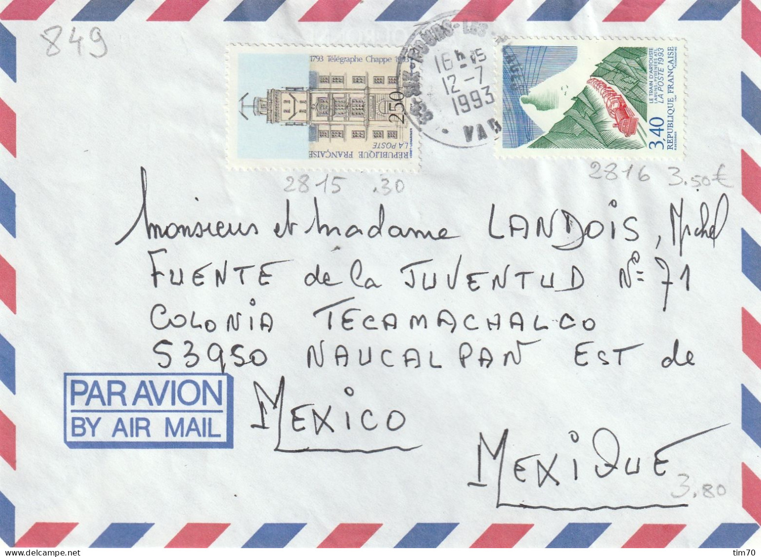 CAD 83  SIX FOURS LES PLAGES   / N° 2815    + N° 28916      POUR   MEXICO   MEXIQUE - Manual Postmarks
