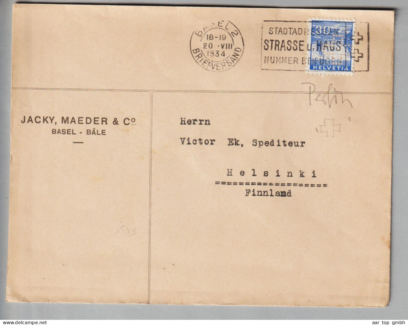 CH Landschaften 1934-08-20 Basel2 Perfin Brief Nach Helsinki #$o98 30Rp. Rheinfall - Covers & Documents