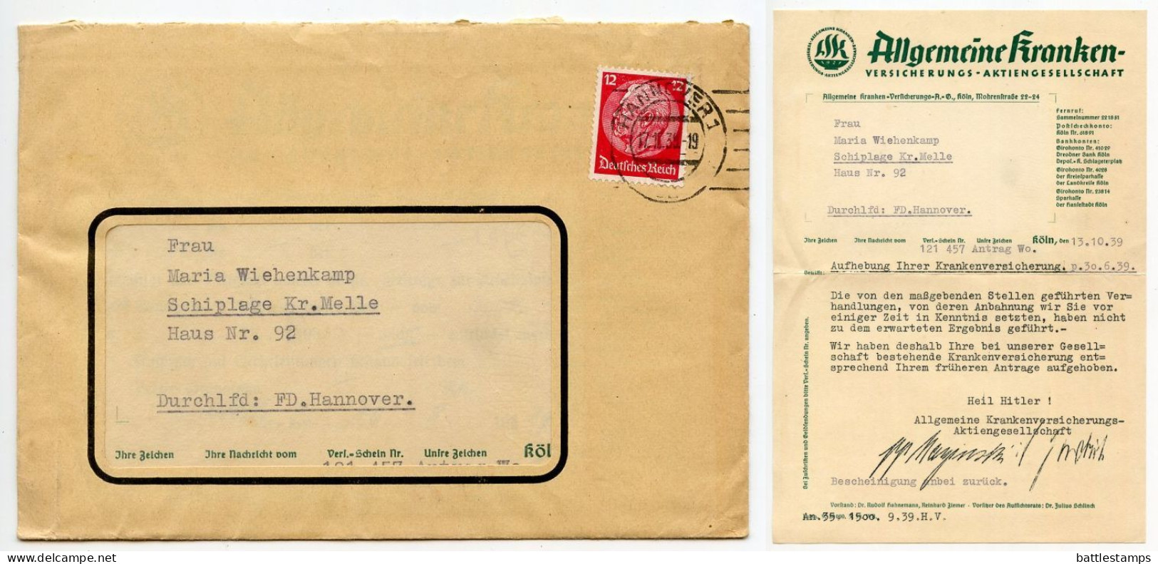 Germany 1939 Cover & Letter; Hannover - Allgemeine Kranken-Verſicherungs To Schiplage; 12pf. Hindenburg - Cartas & Documentos