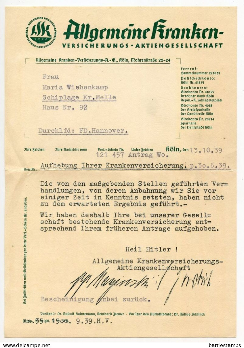 Germany 1939 Cover & Letter; Hannover - Allgemeine Kranken-Verſicherungs To Schiplage; 12pf. Hindenburg - Brieven En Documenten