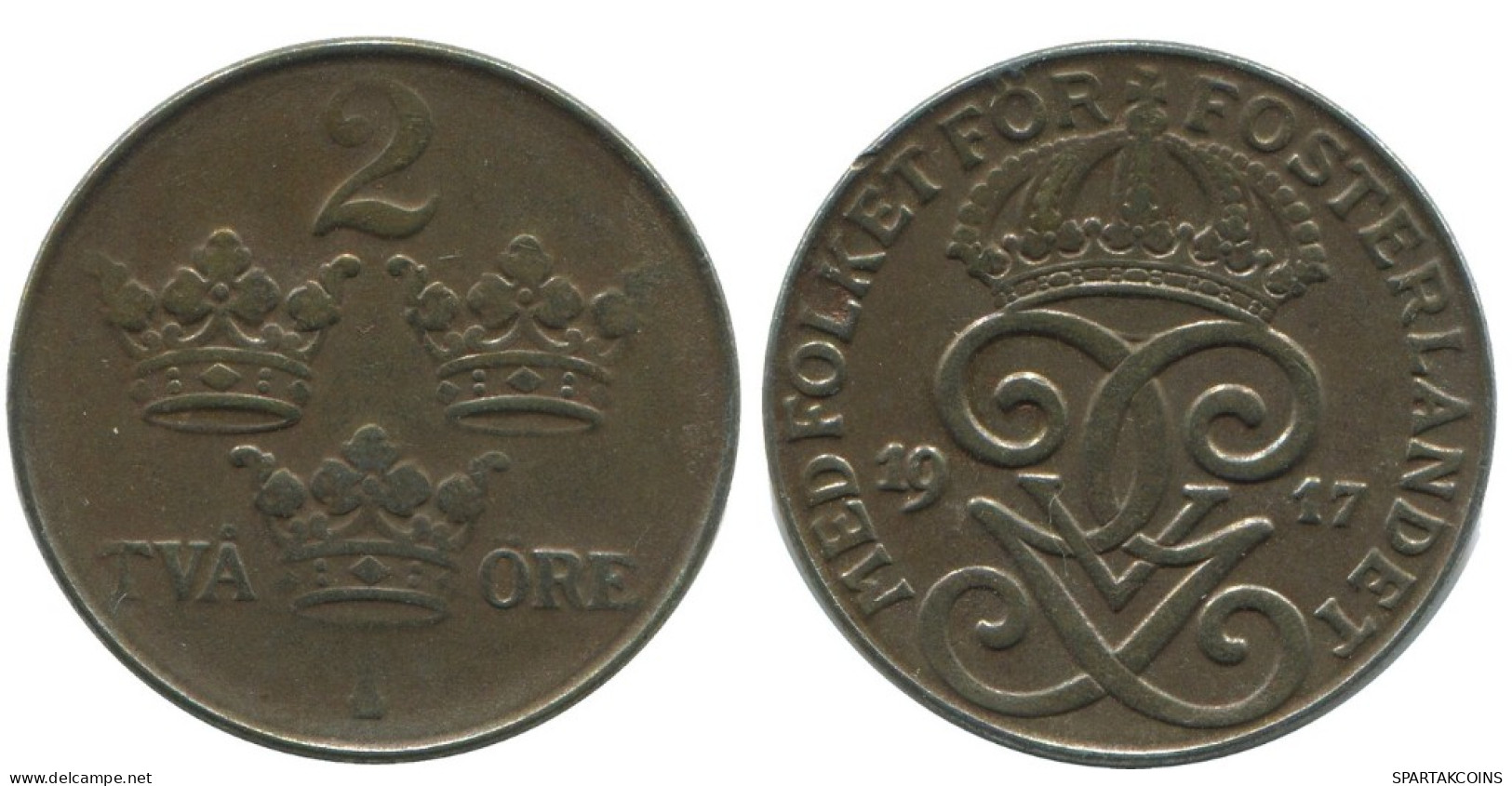 2 ORE 1917 SWEDEN Coin #AC817.2.U.A - Suède