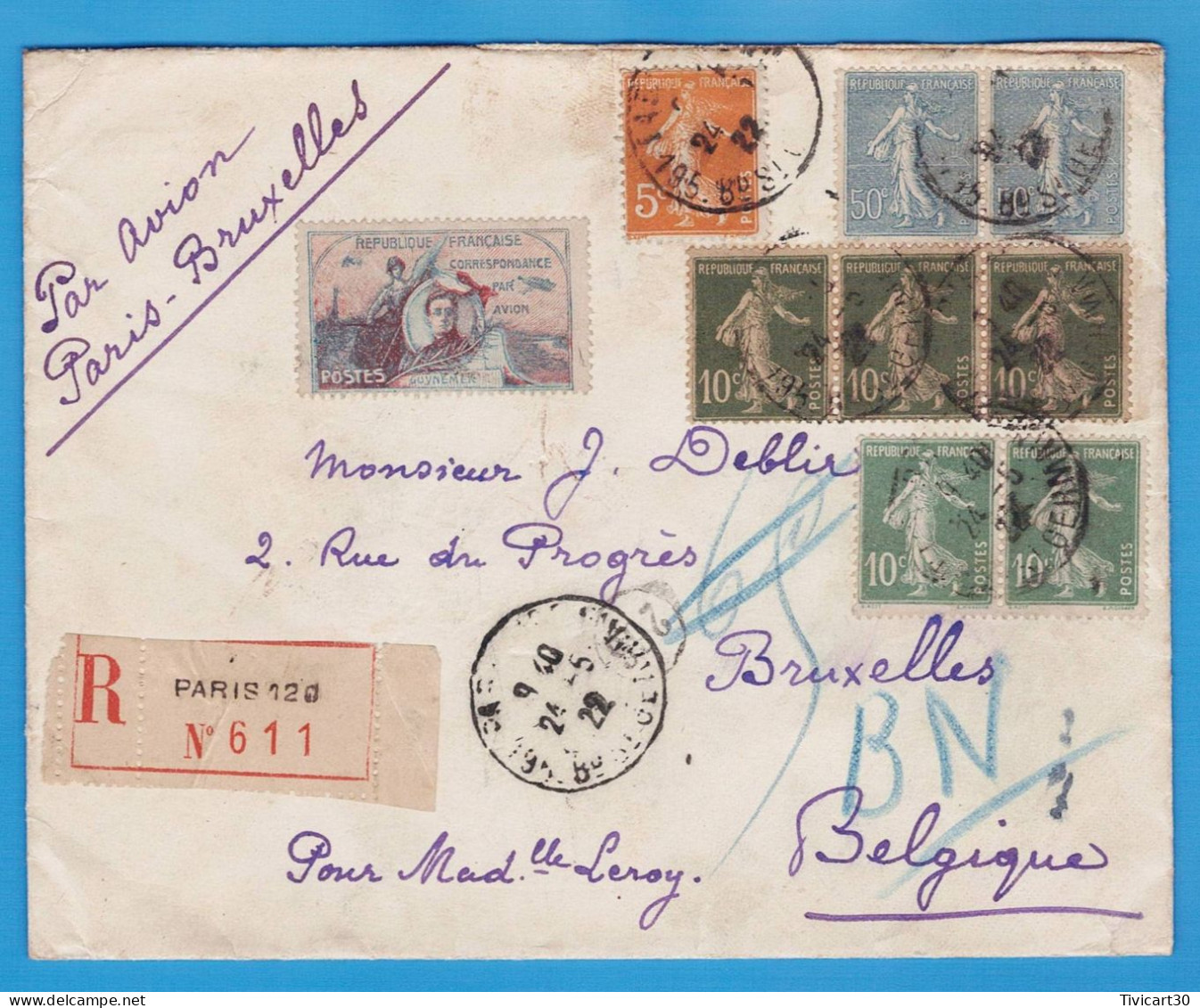 LETTRE RECOMMANDEE PAR AVION DE 1922 - PARIS BRUXELLES (BELGIQUE) - TIMBRES SEMEUSES - VIGNETTE GUYNEMER - Lettres & Documents