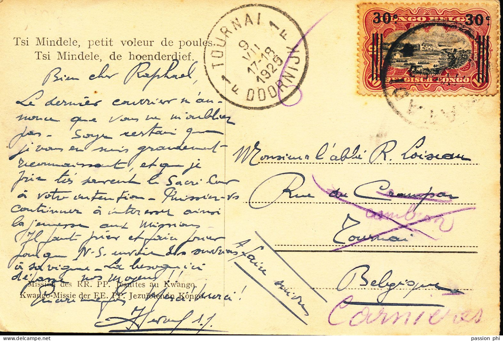 BELGIAN CONGO 1921 ISSUE COB 89 SUR CP MATADI VERS TOURNAI - Covers & Documents