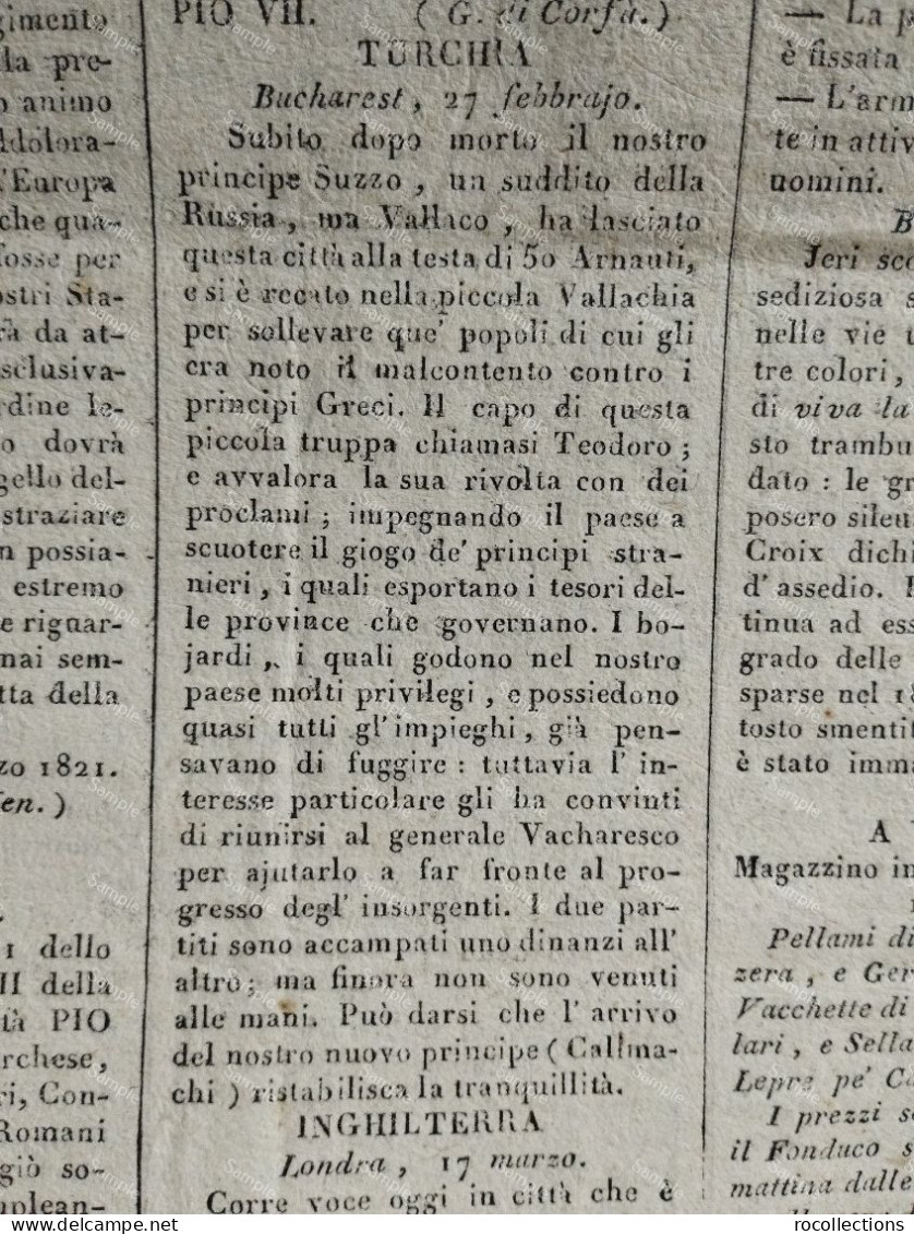 Italy Newspaper DIARIO DI ROMA 1821. Article Romania Romanian Revolution Tudor Vladimirescu - Avant 1900