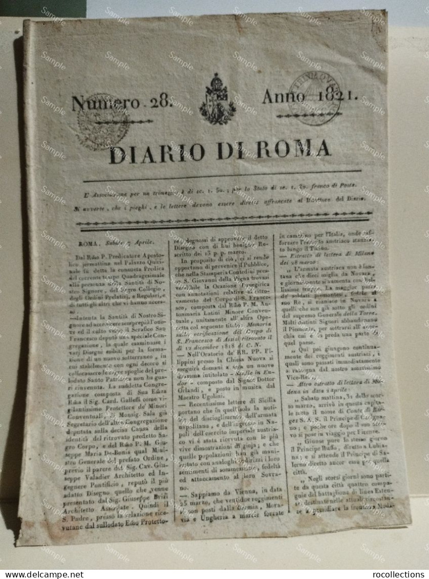 Italy Newspaper DIARIO DI ROMA 1821. Article Romania Romanian Revolution Tudor Vladimirescu - Before 1900