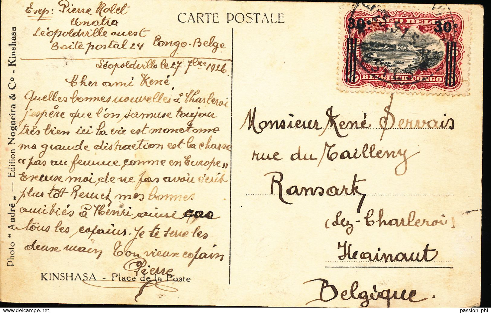 BELGIAN CONGO 1921 ISSUE COB 89 SUR CP LEO. 27.02.26 VERS RANSART (KIN PLACE DE LA POSTE) - Lettres & Documents
