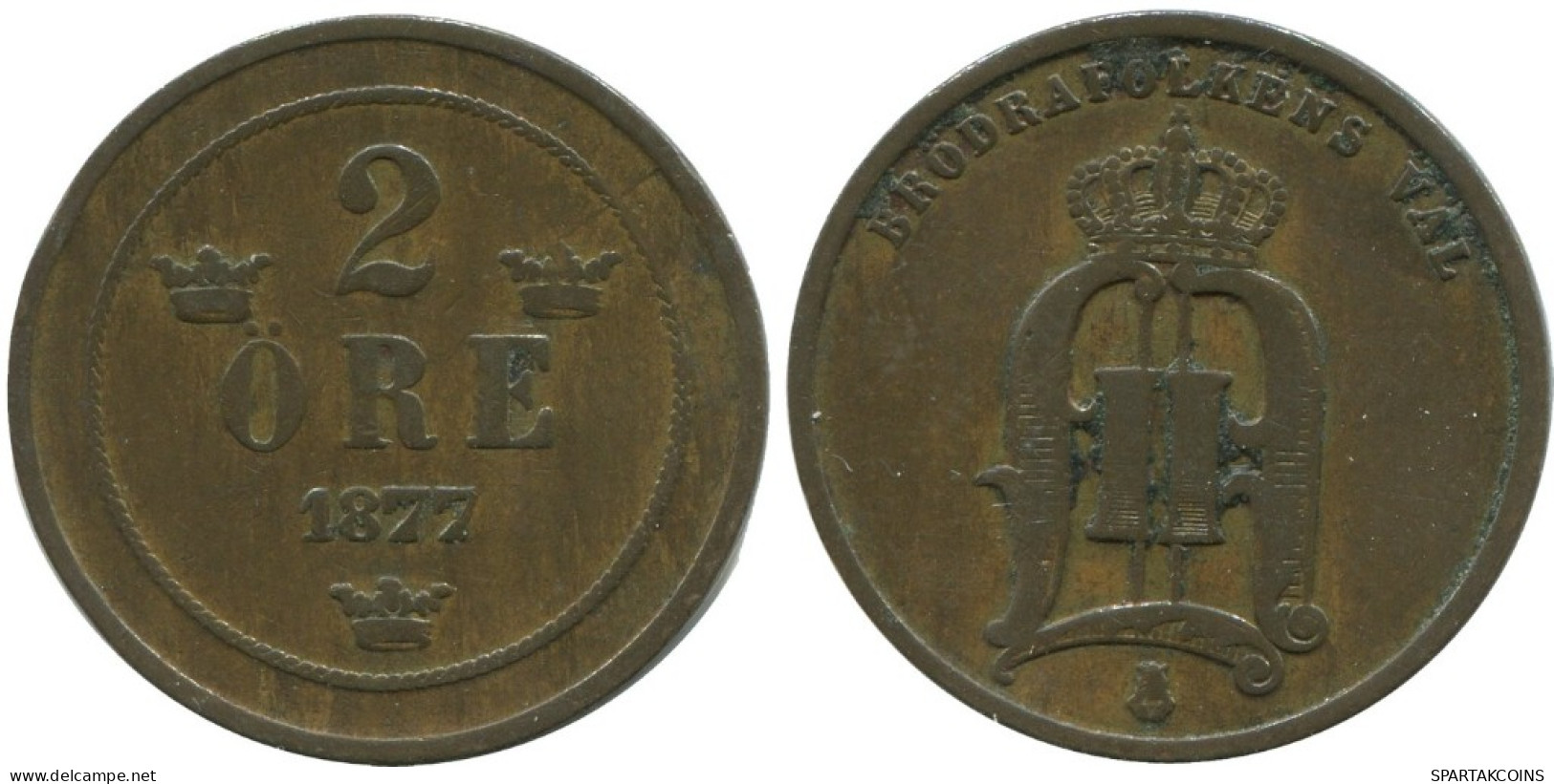 2 ORE 1877 SWEDEN Coin #AC910.2.U.A - Suède