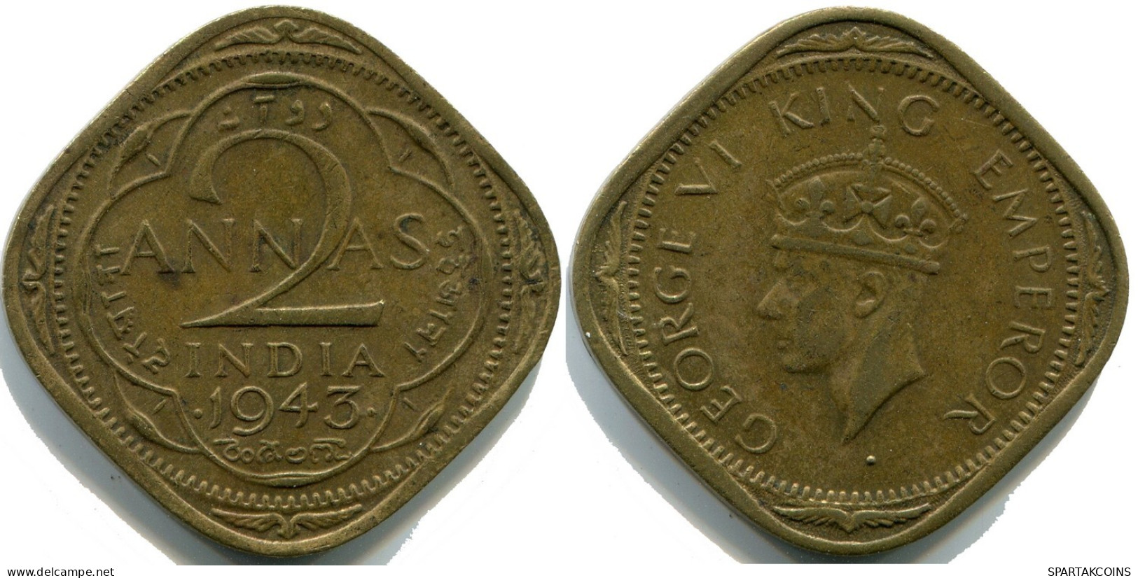 2 ANNAS 1943 INDIEN INDIA-BRITISH Münze #AY970.D.A - Indien