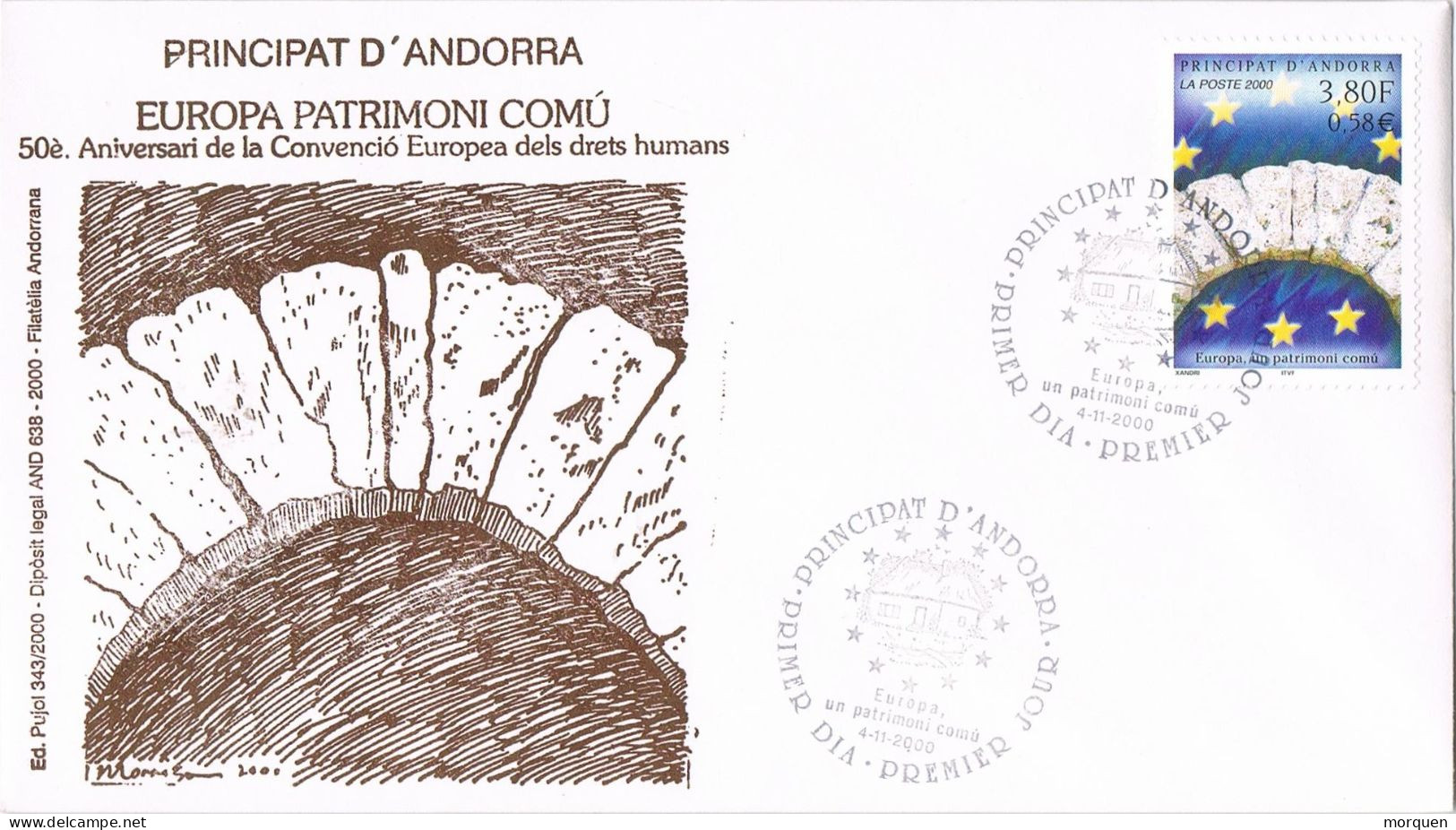 55113. Carta F.D.C. ANDORRA Francesa 2001. Tema EUROPA, Patrimoni, Derechos Humanos - FDC