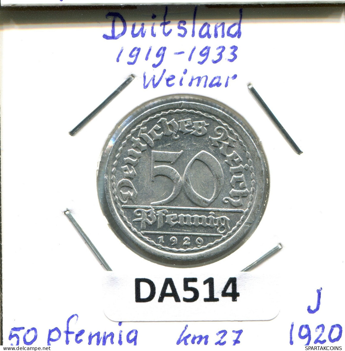 50 PFENNIG 1920 J ALEMANIA Moneda GERMANY #DA514.2.E.A - 50 Renten- & 50 Reichspfennig