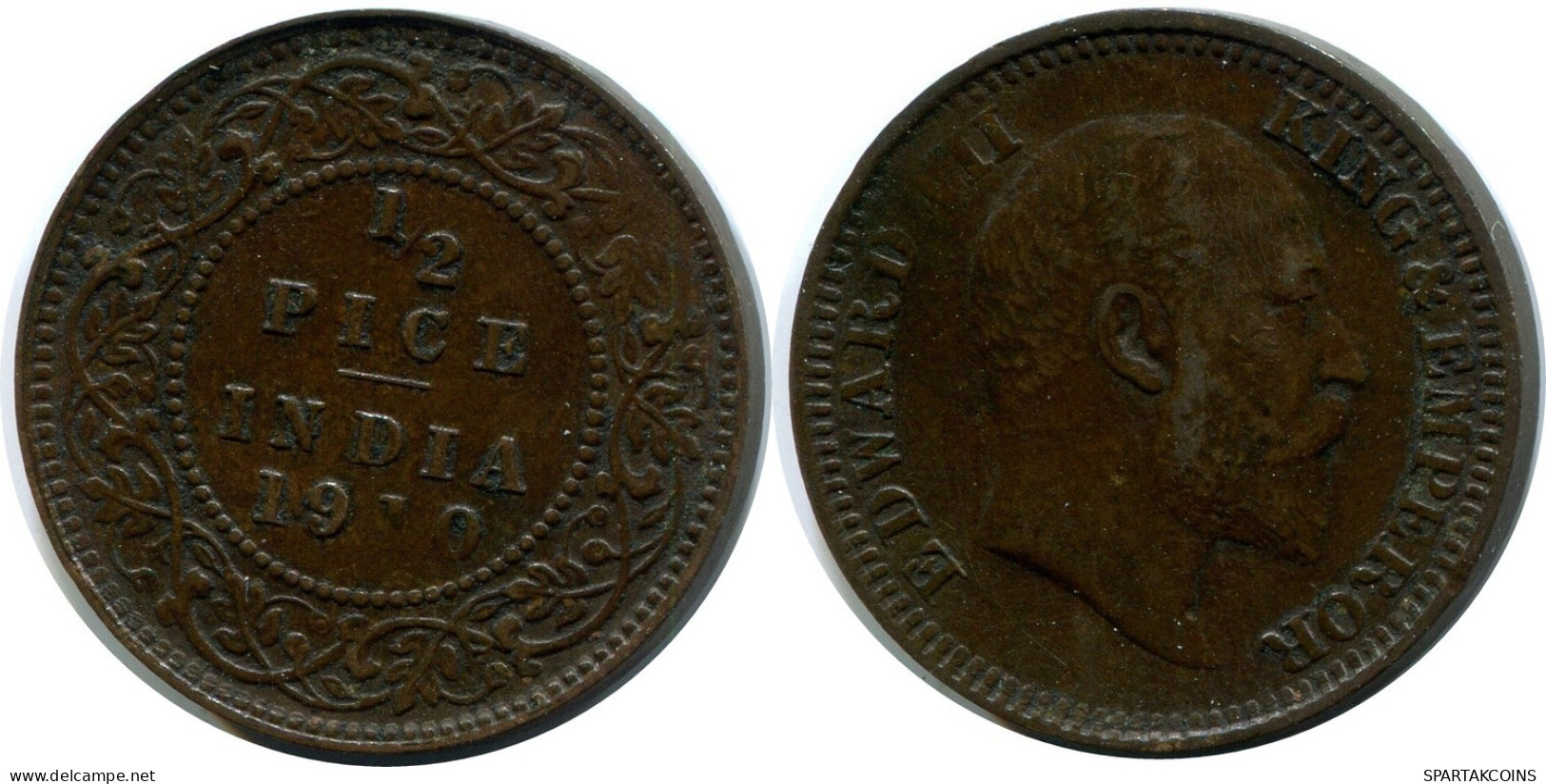 1/2 PICE 1910 INDE INDIA Pièce #AY946.F.A - Indien