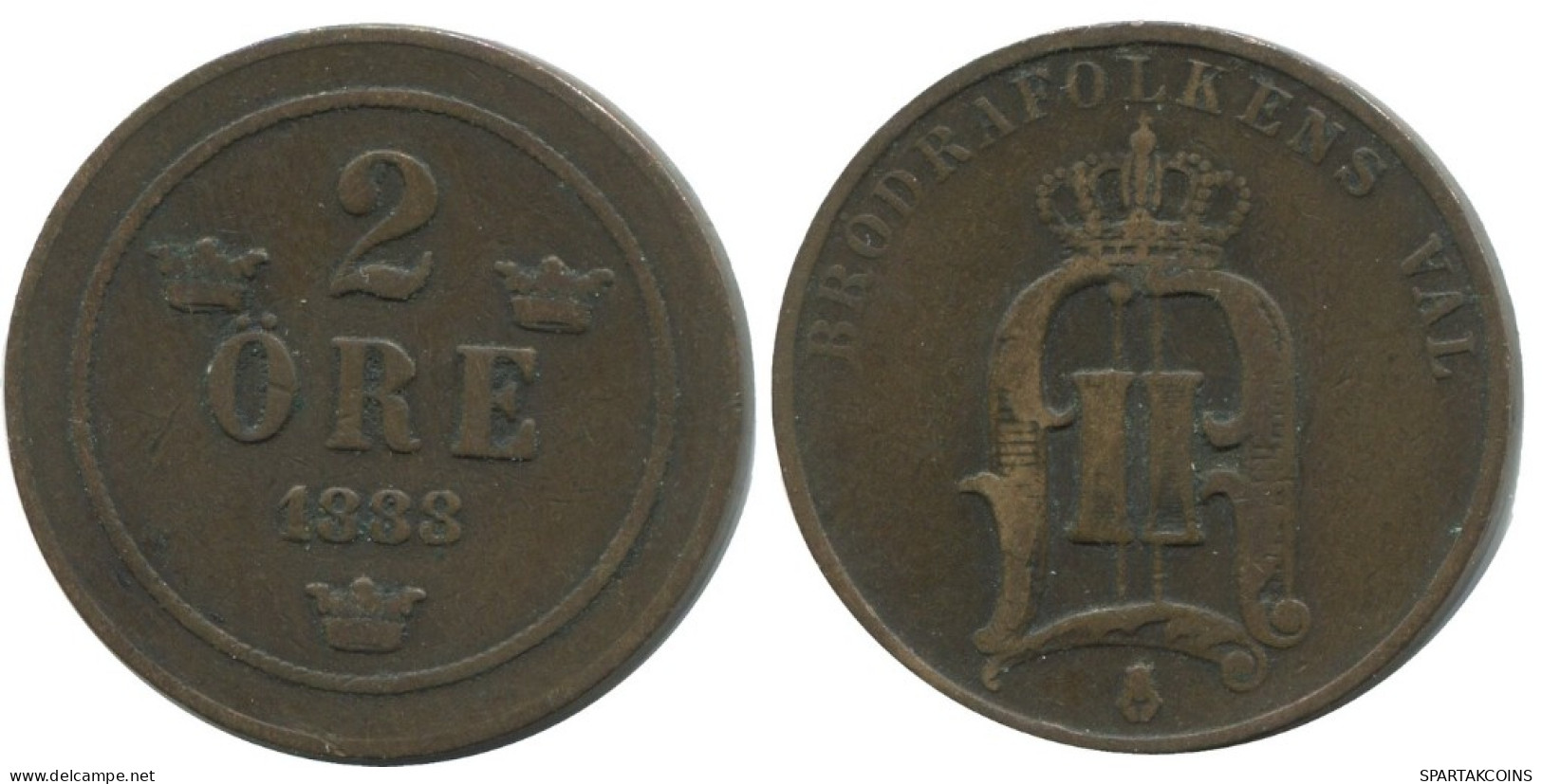 2 ORE 1888 SWEDEN Coin #AC907.2.U.A - Suède