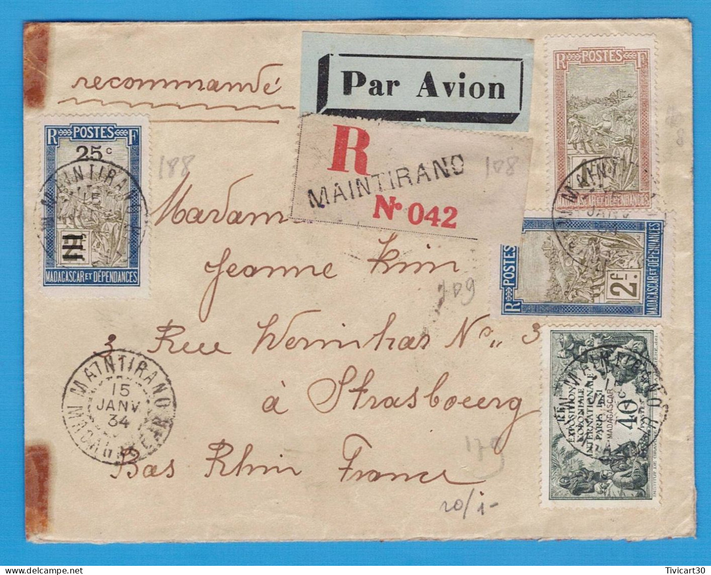 LETTRE RECOMMANDEE PAR AVION DE 1934 - MAINTIRANO (MADAGASCAR) POUR STRASBOURG (FRANCE) - Lettres & Documents