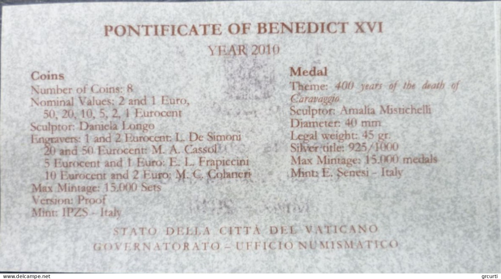 Vaticano - 2010 - Benedetto XVI - Serie Zecca 8 Valori Fondo Specchio - Con Medaglia In Argento - Vaticano (Ciudad Del)