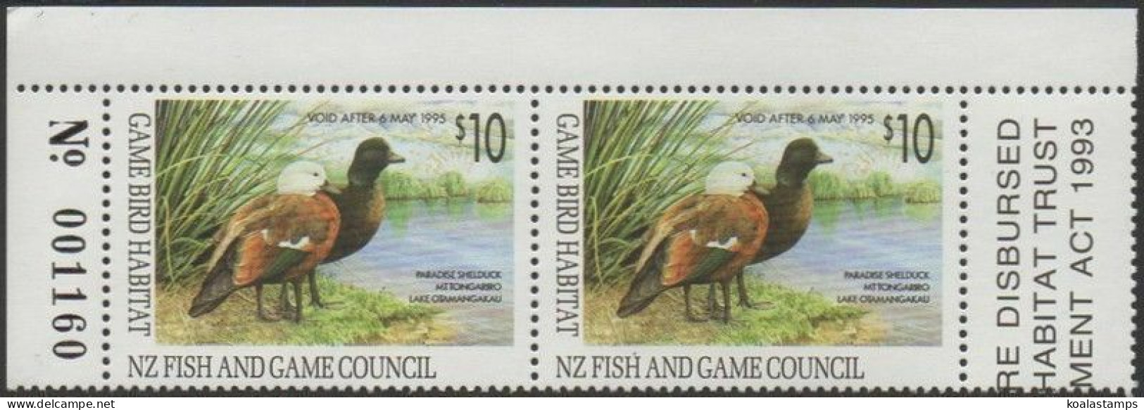 NZ Fish And Game Council 1993 $10 Paradise Shelduck Pair MNH - Other & Unclassified