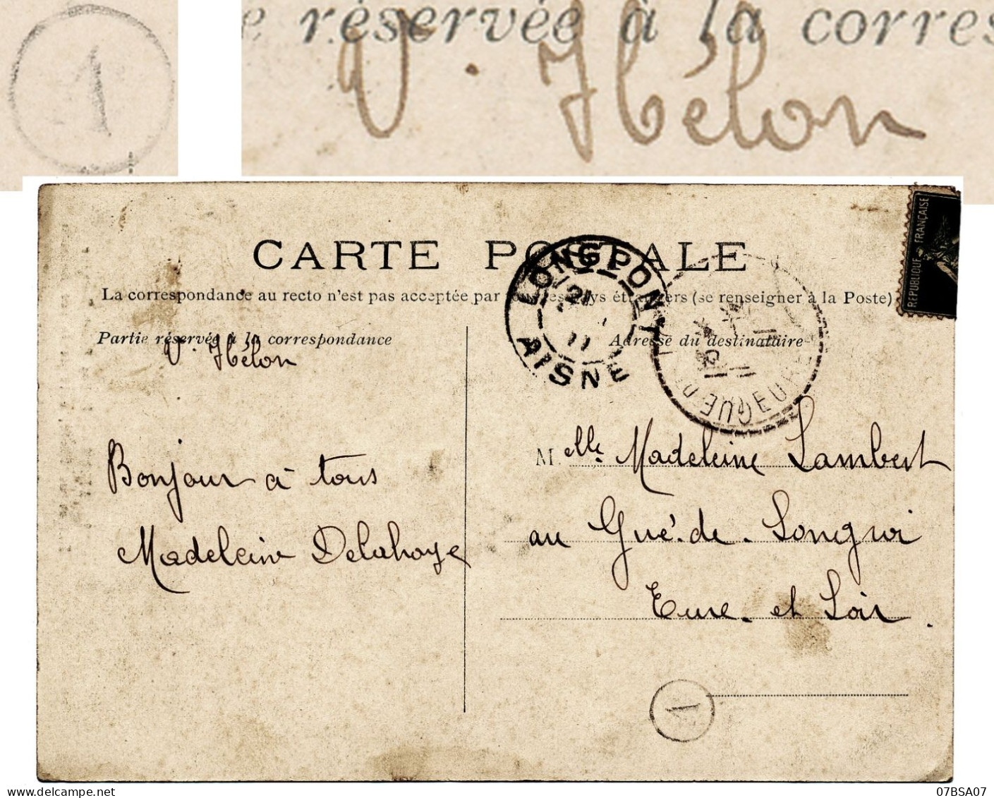 BOITE RURALE AISNE CP 1911 LONGPONT T84 + BOITE RURALE A = VILLERS HELON - 1877-1920: Période Semi Moderne