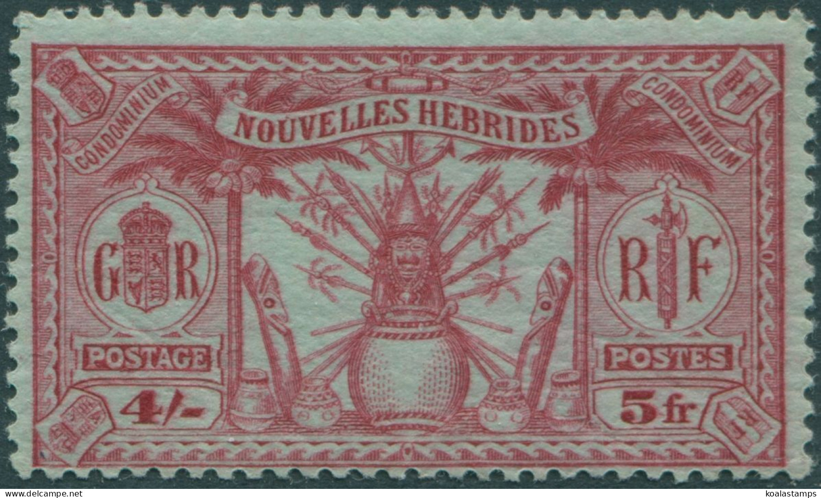 New Hebrides French 1925 SGF52 5f 4/- Carmine/green Weapons Idols MLH - Other & Unclassified