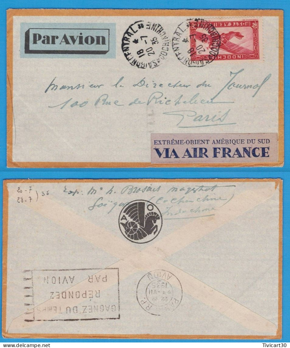 LETTRE PAR AVION DE 1935 - EXTREME ORIENT AMERIQUE DU SUD VIA AIR FRANCE - SAIGON (INDOCHINE) POUR PARIS - Airmail