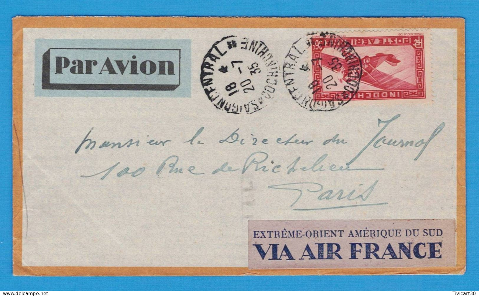 LETTRE PAR AVION DE 1935 - EXTREME ORIENT AMERIQUE DU SUD VIA AIR FRANCE - SAIGON (INDOCHINE) POUR PARIS - Aéreo