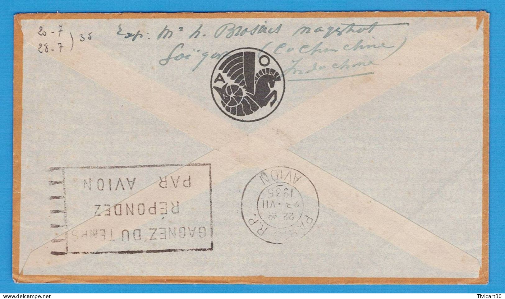 LETTRE PAR AVION DE 1935 - EXTREME ORIENT AMERIQUE DU SUD VIA AIR FRANCE - SAIGON (INDOCHINE) POUR PARIS - Poste Aérienne