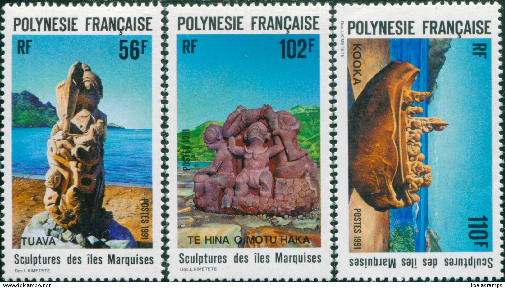 French Polynesia 1991 Sc#567-569,SG617-619 Marquesas Islands Sculptures Set MLH - Sonstige & Ohne Zuordnung
