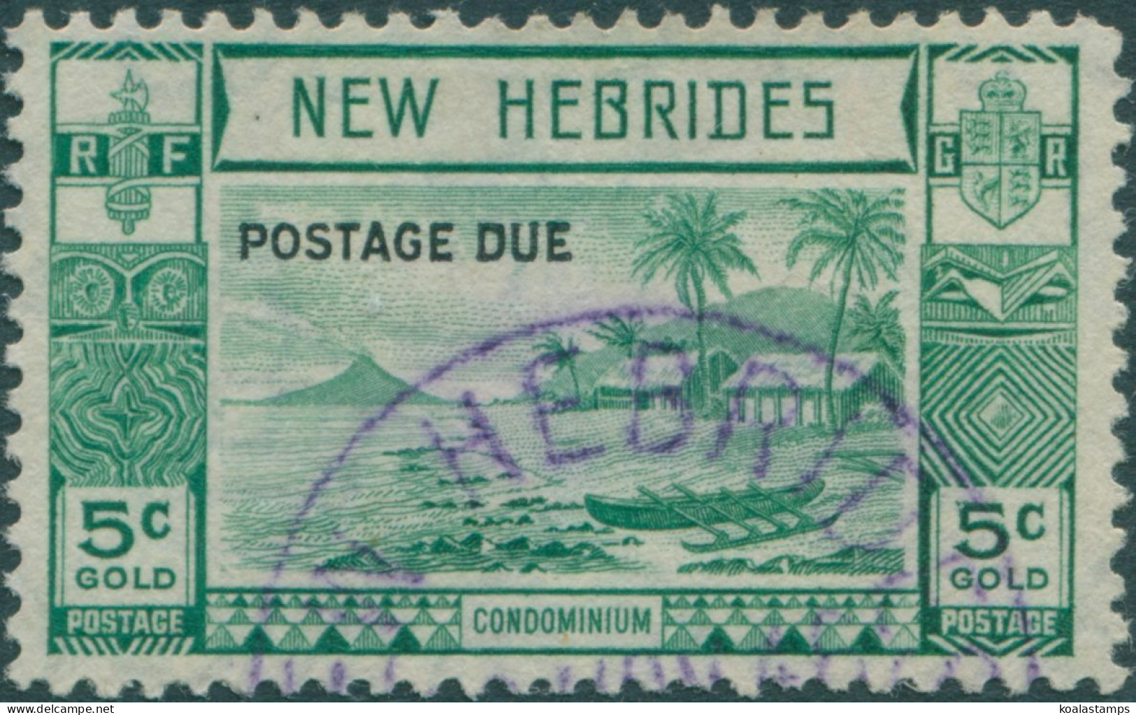New Hebrides Due 1938 SGD6 5c Blue-green Islands Canoes FU - Andere & Zonder Classificatie