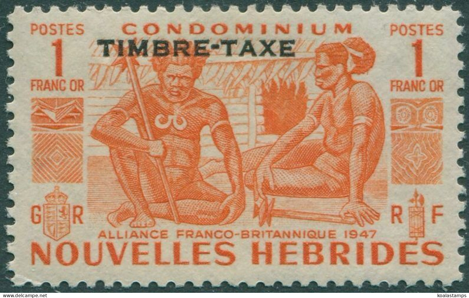 New Hebrides French Due 1953 SGFD96 1f Orange Natives TIMBRE-TAXE MNH - Sonstige & Ohne Zuordnung