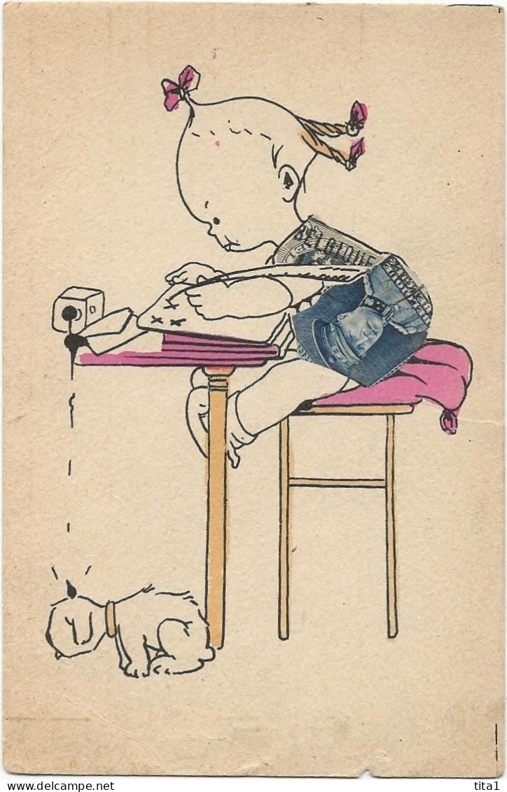 4217 - Fillette Et Chien - Collage De Timbres Postes - Dibujos De Niños