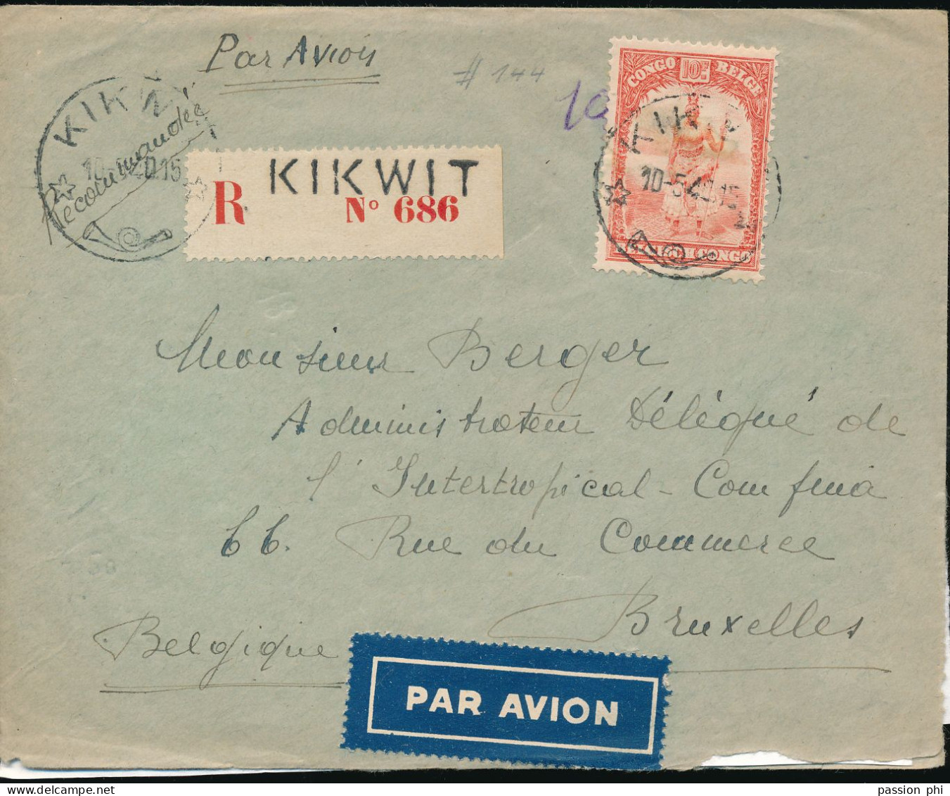 BELGIAN CONGO LETTRE RECOMMANDEE PAR AVION DE KIKWIT 10.05.40 (JOUR DE L'INVASION EN BELGIQUE) VERS BRUXELLES - Covers & Documents