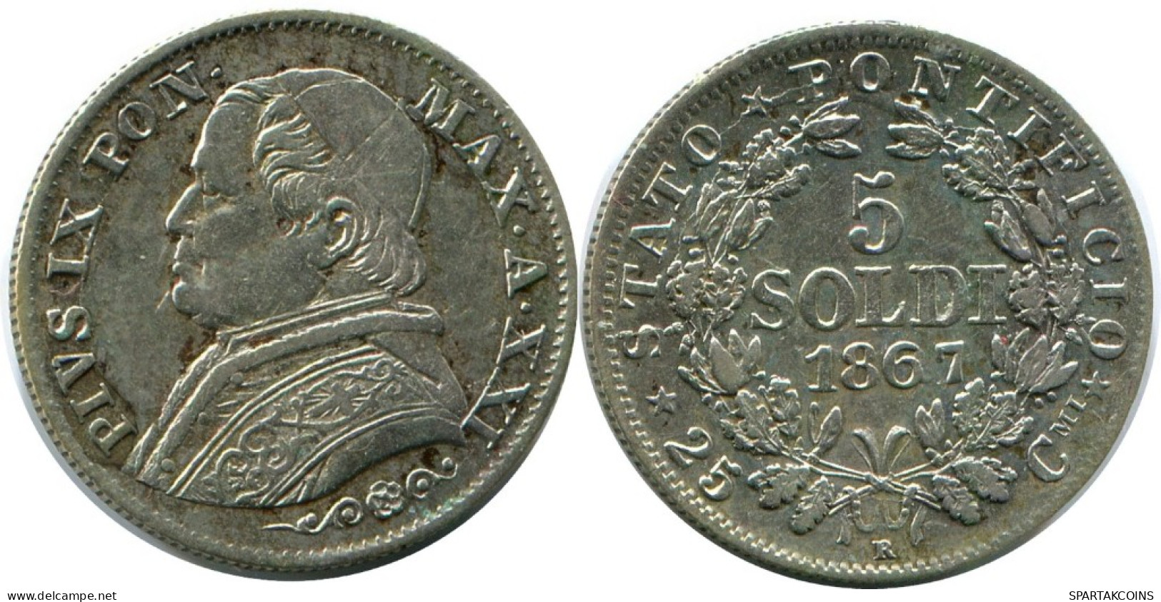5 SOLDI / 25 Centesimi 1867 R VATICANO Pius IX (1846-1878) PLATA #AH381.13.E.A - Vaticaanstad