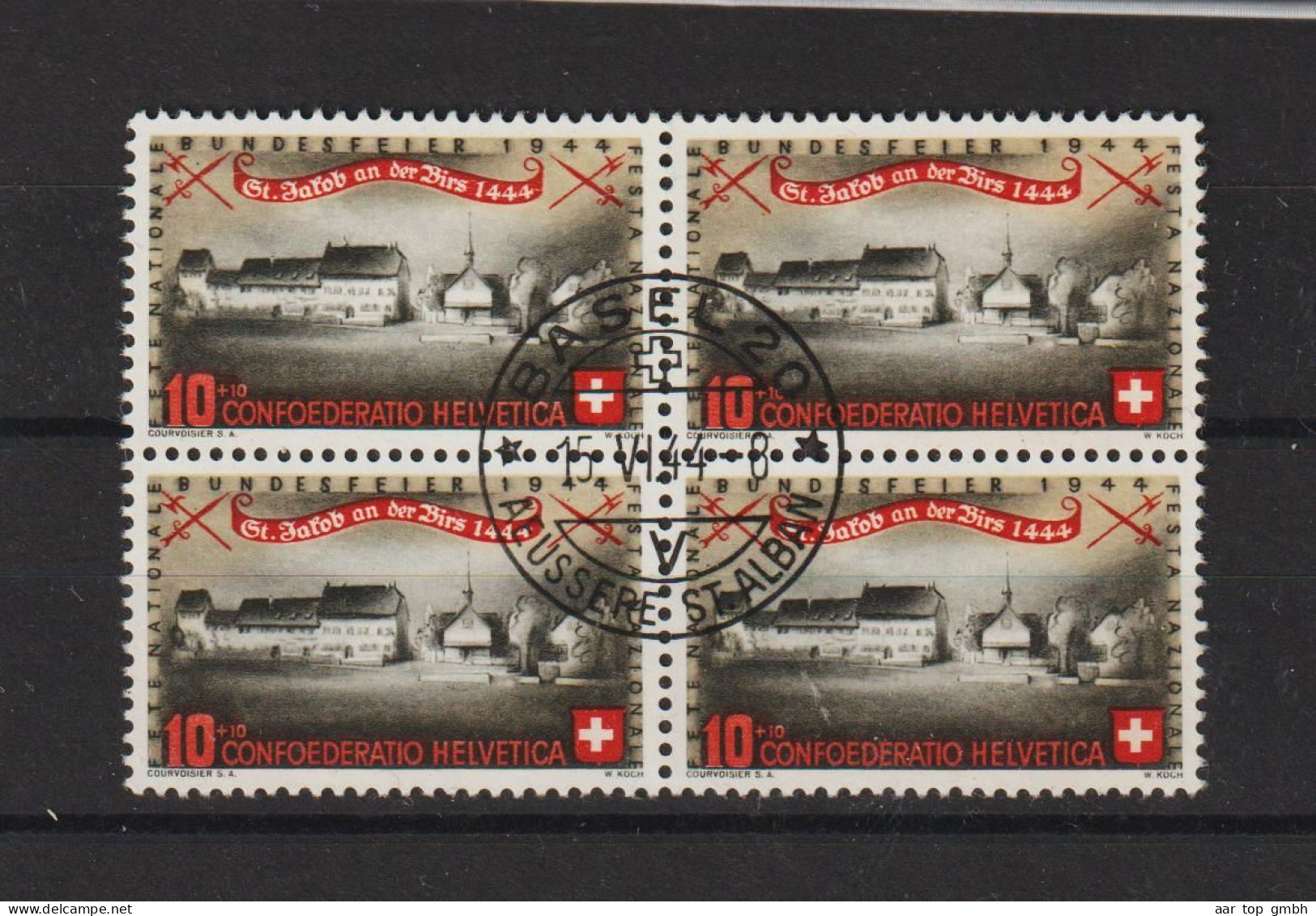 CH Pro Patria 1944-06-15 ET-O Basel20 Auf 4-er Block 10Rp. St.Jakob An Der Birs - Used Stamps