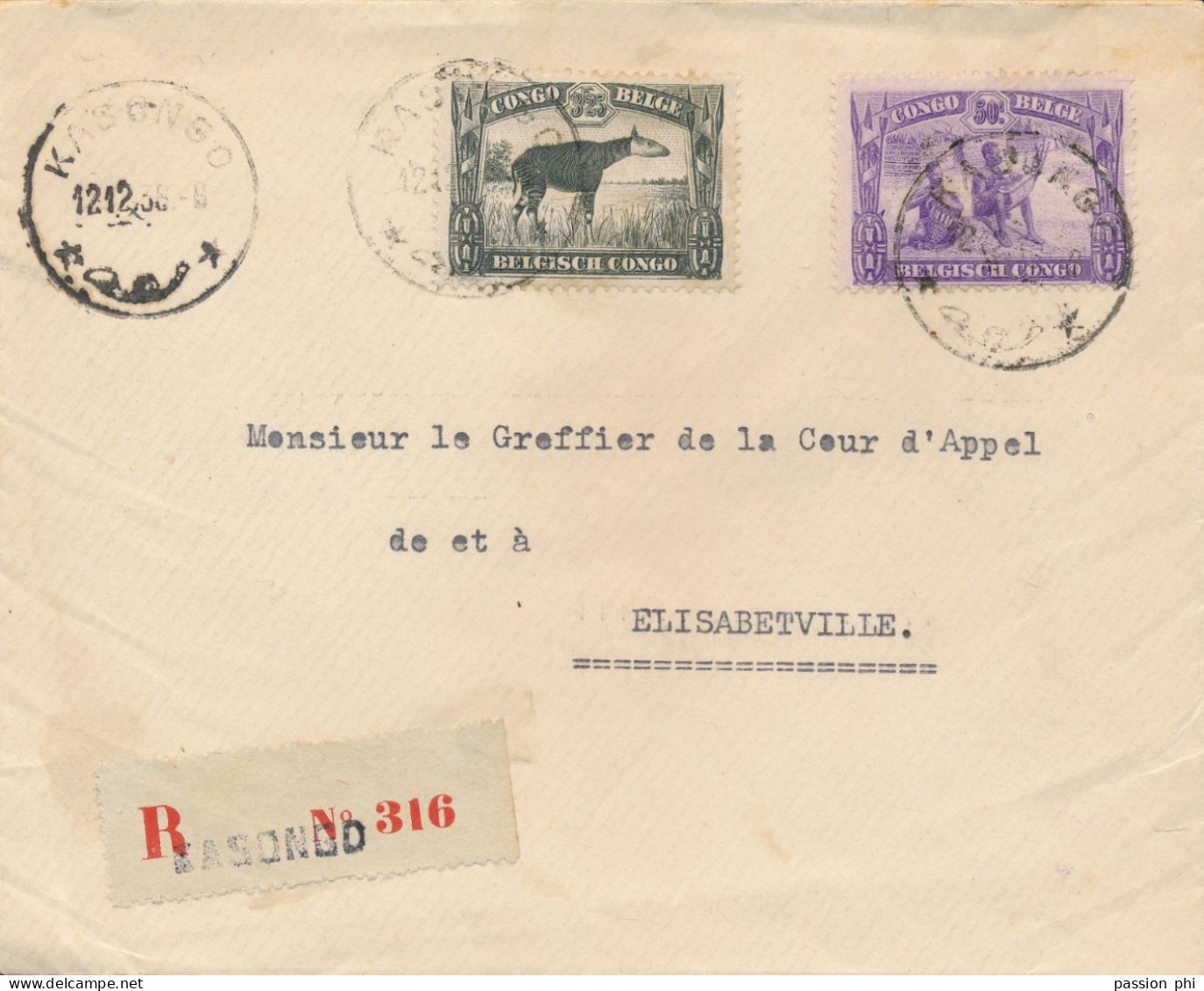 BELGIAN CONGO OKAPI SUR LETTRE RECOMMANDEE EN INTERIEUR DE KASONGO 12.12.38 VERS E/VILLE - Lettres & Documents