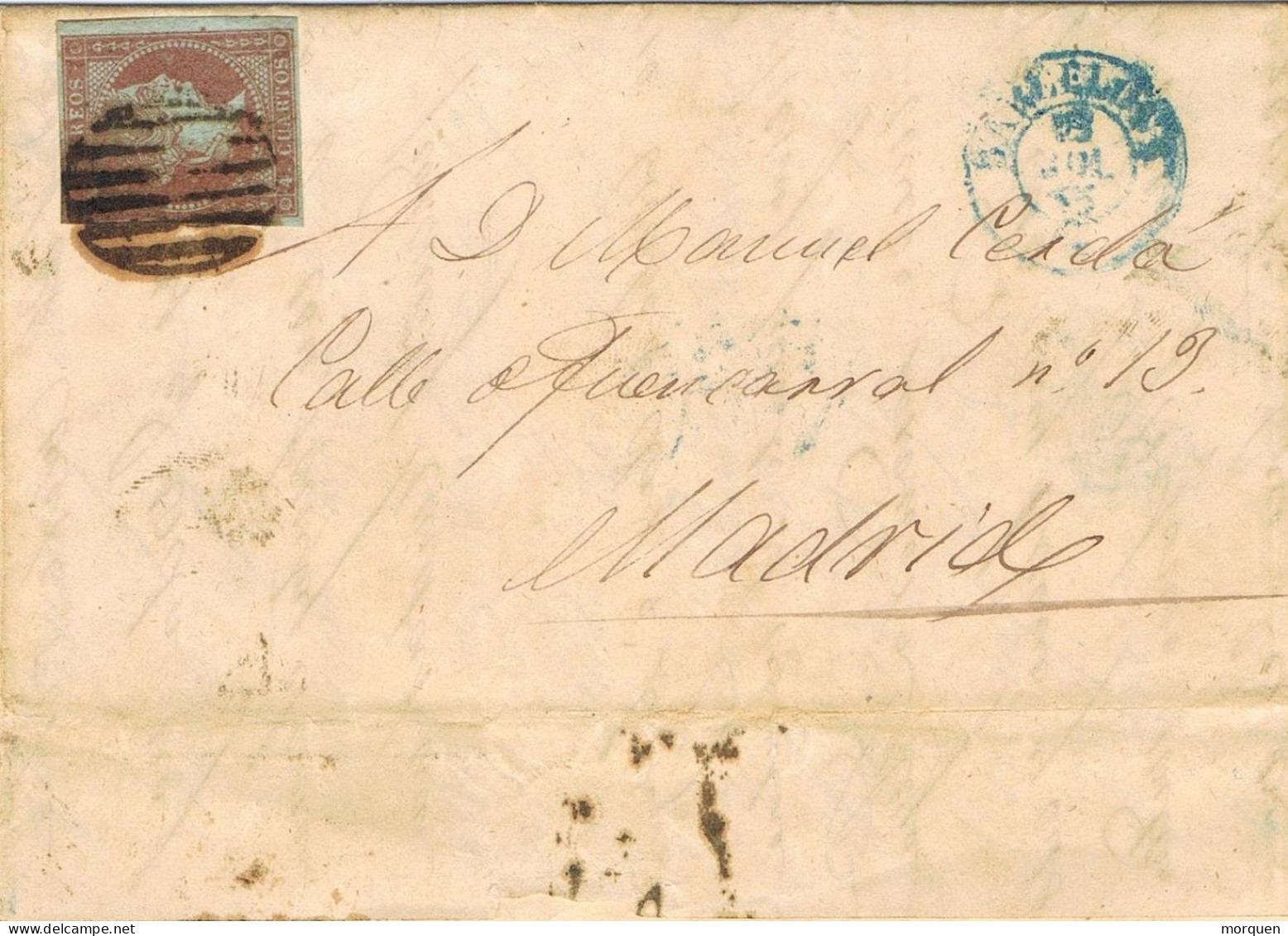 55117. Carta Entera BARCELONA 1855 A Madrid. Sello 4 C. Filigrana Lazos - Briefe U. Dokumente