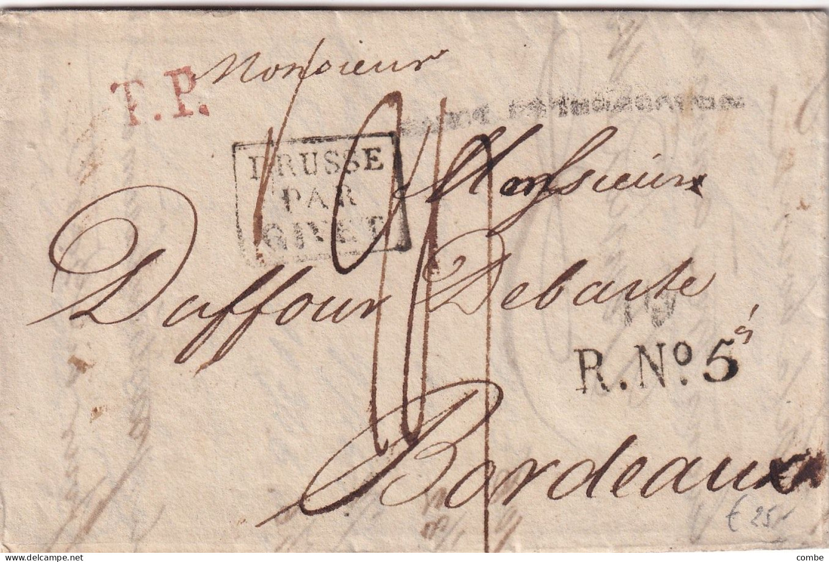 LETTRE. ST PETERSBOURG. 4 OCT 1819. PP. PRUSSE PAR GIVET. R.N°5. TAXE 24. POUR BORDEAUX - 1801-1848: Vorläufer XIX