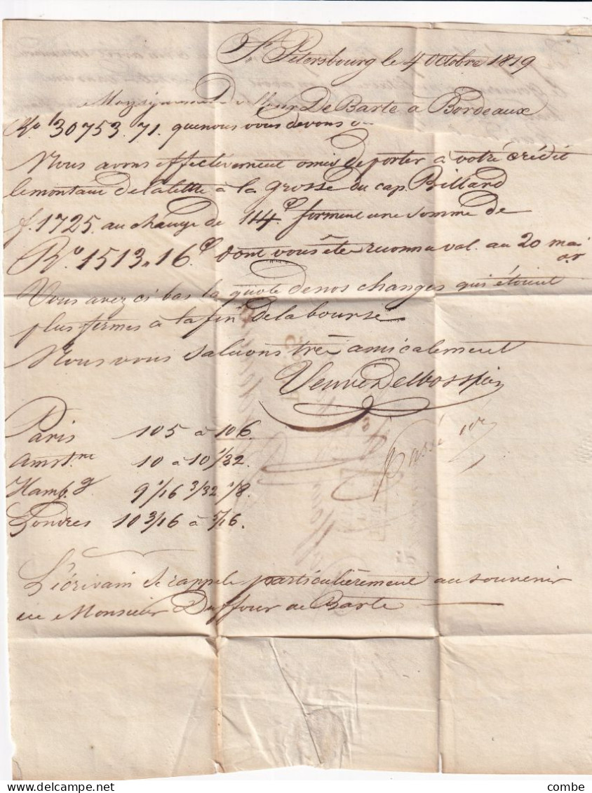 LETTRE. ST PETERSBOURG. 4 OCT 1819. PP. PRUSSE PAR GIVET. R.N°5. TAXE 24. POUR BORDEAUX - 1801-1848: Vorläufer XIX