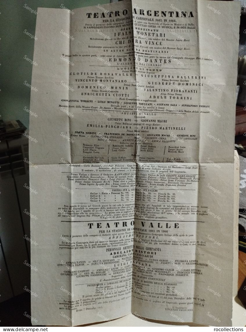 Italy Theater Poster Italia Programmi Carnevale 1865-1866 Teatro Apollo Argentina Valle. Adelaide Ristori. 47x30 Cm - Plakate