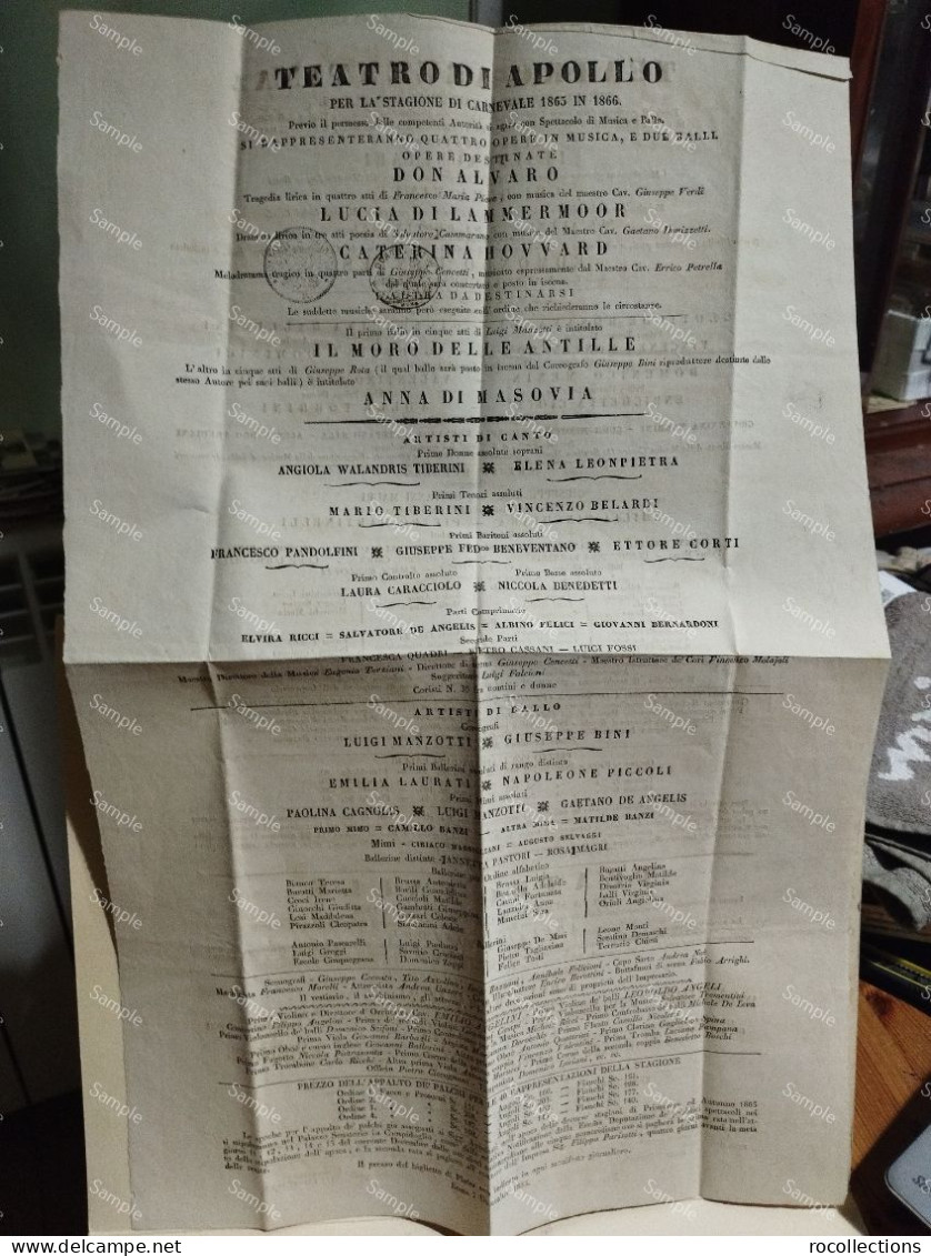 Italy Theater Poster Italia Programmi Carnevale 1865-1866 Teatro Apollo Argentina Valle. Adelaide Ristori. 47x30 Cm - Plakate