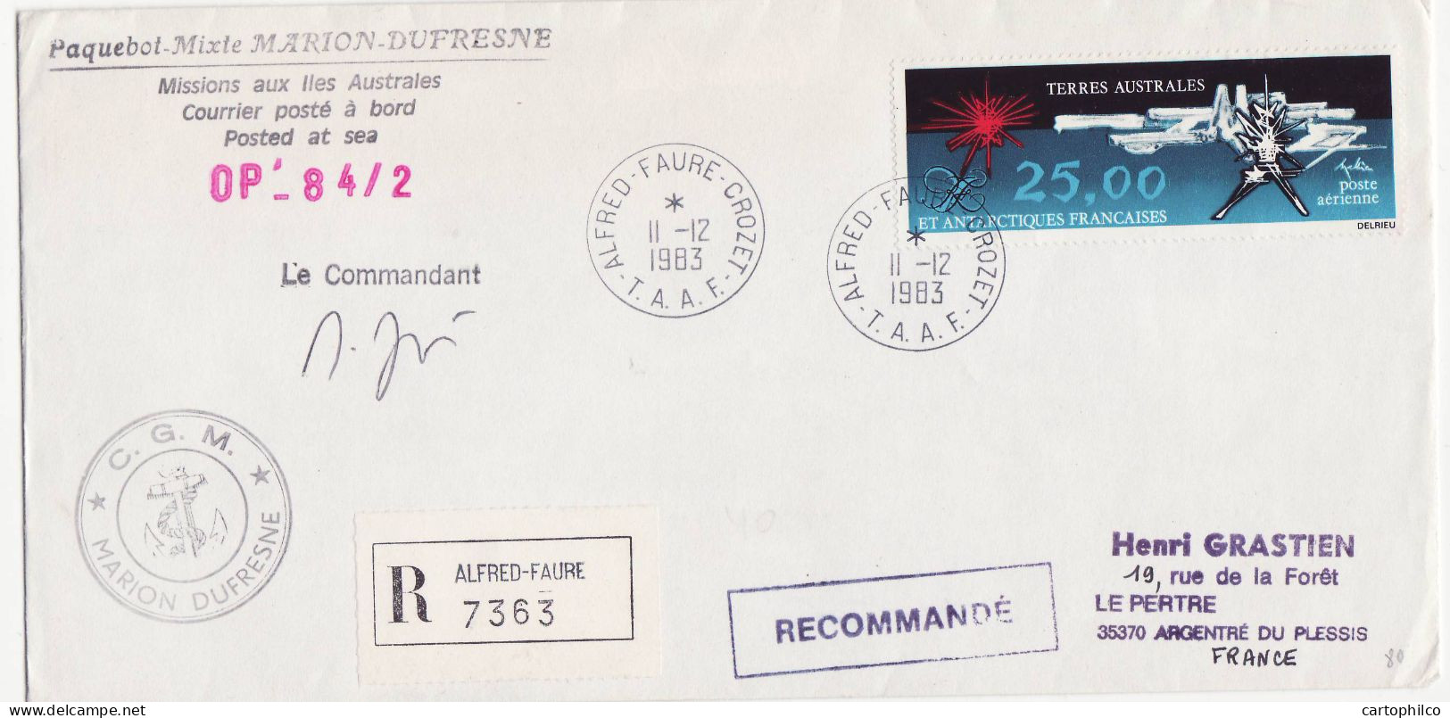 TAAF Lettre Marion Dufresne 11 12 1983 Alfred Faure Crozet Pour Argentre Du Plessis - Covers & Documents