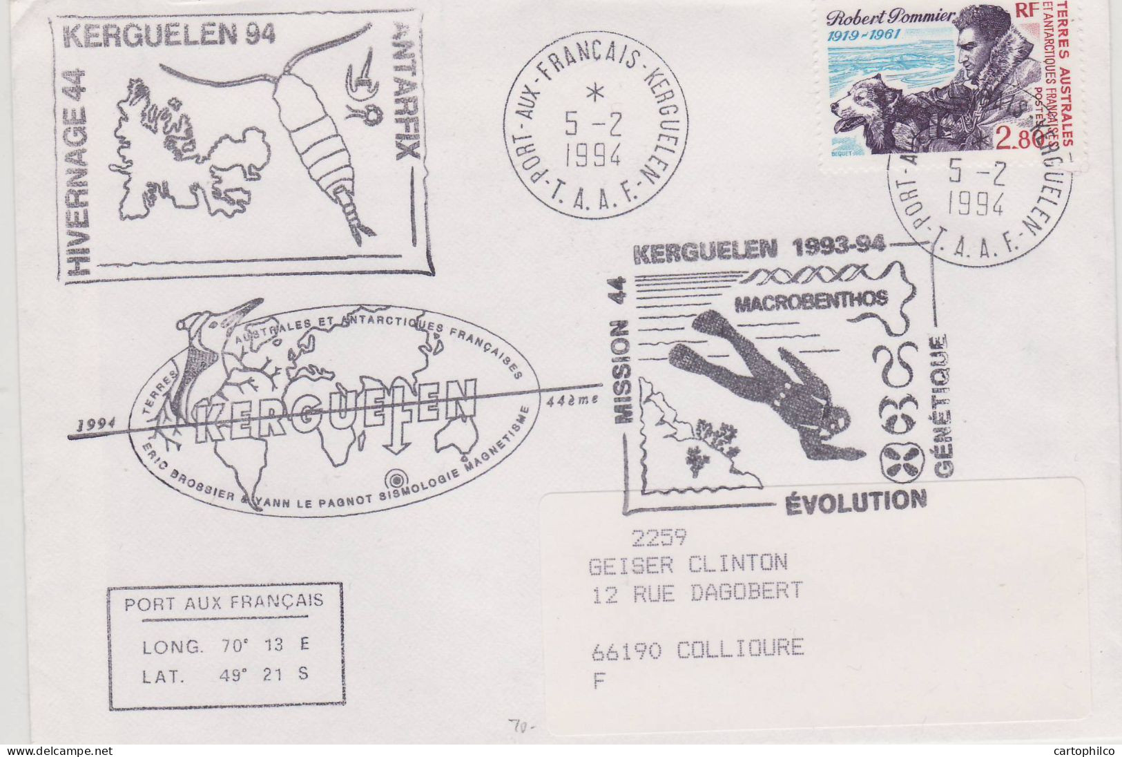 TAAF Lettre Kerguelen 5 2 1994 Kerguelen Pour Collioure - Briefe U. Dokumente