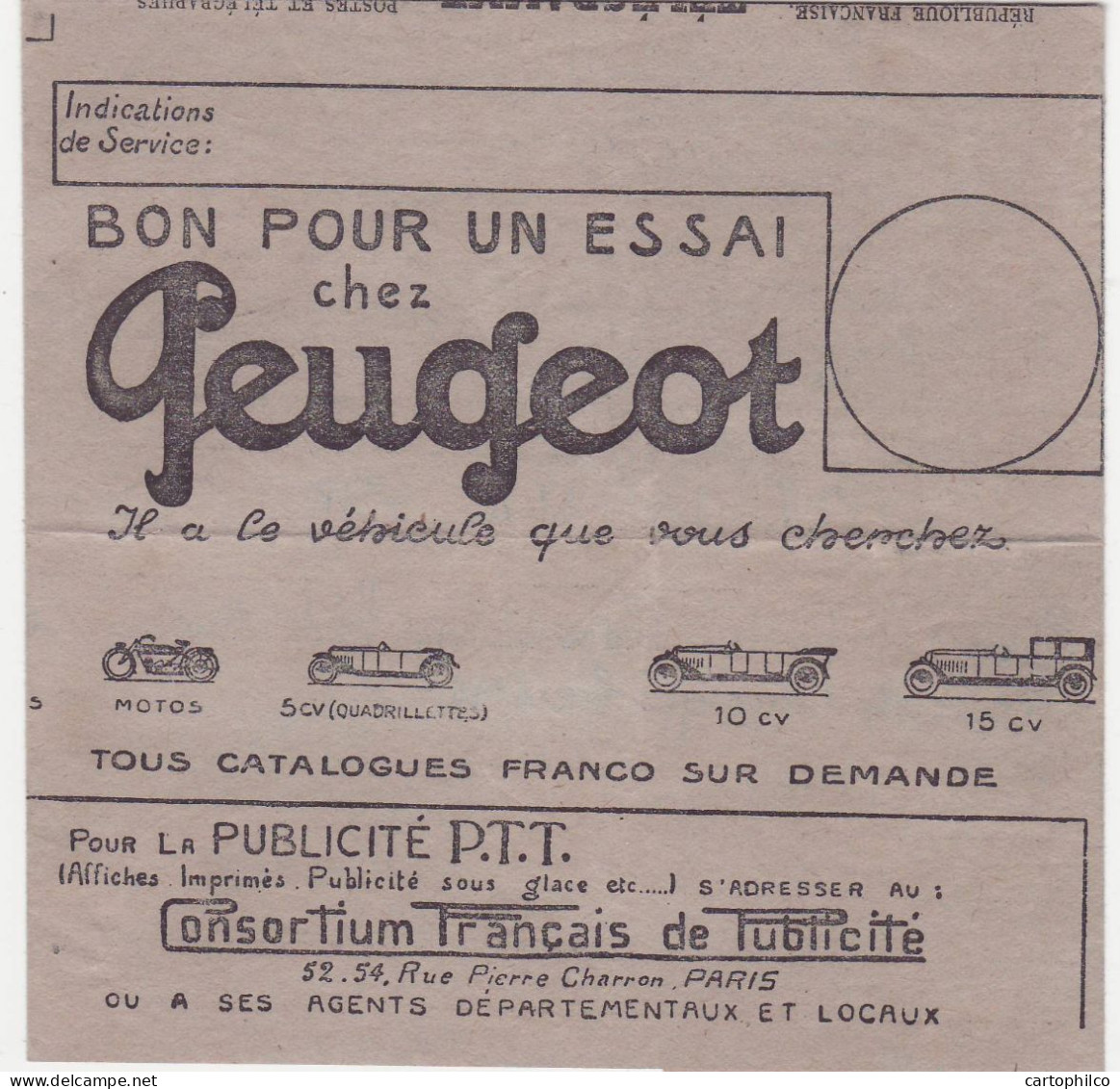 Telegramme Publicite Peugeot Automobile Velos Cyclos Cycles Escoutoux Pour Paris - Automobile