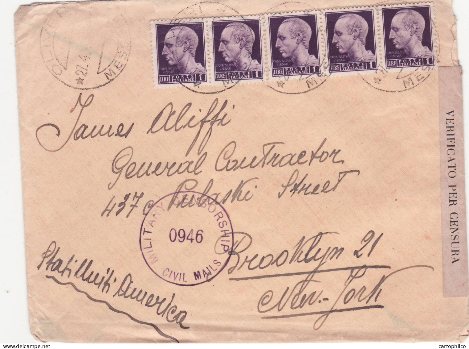 WW2 Italian Occu 27 4 45 To US Dual Censor For Brooklyn NY - Poststempel