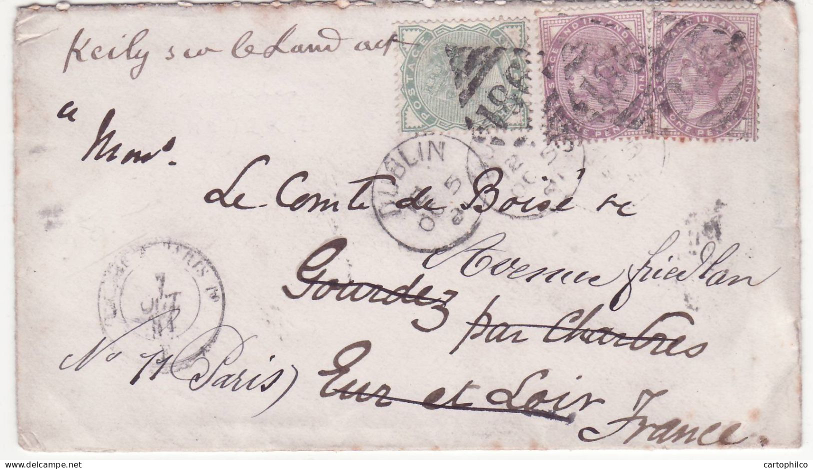 Ireland Cover Dublin To Chartres Gourdez France 1881 - Prephilately