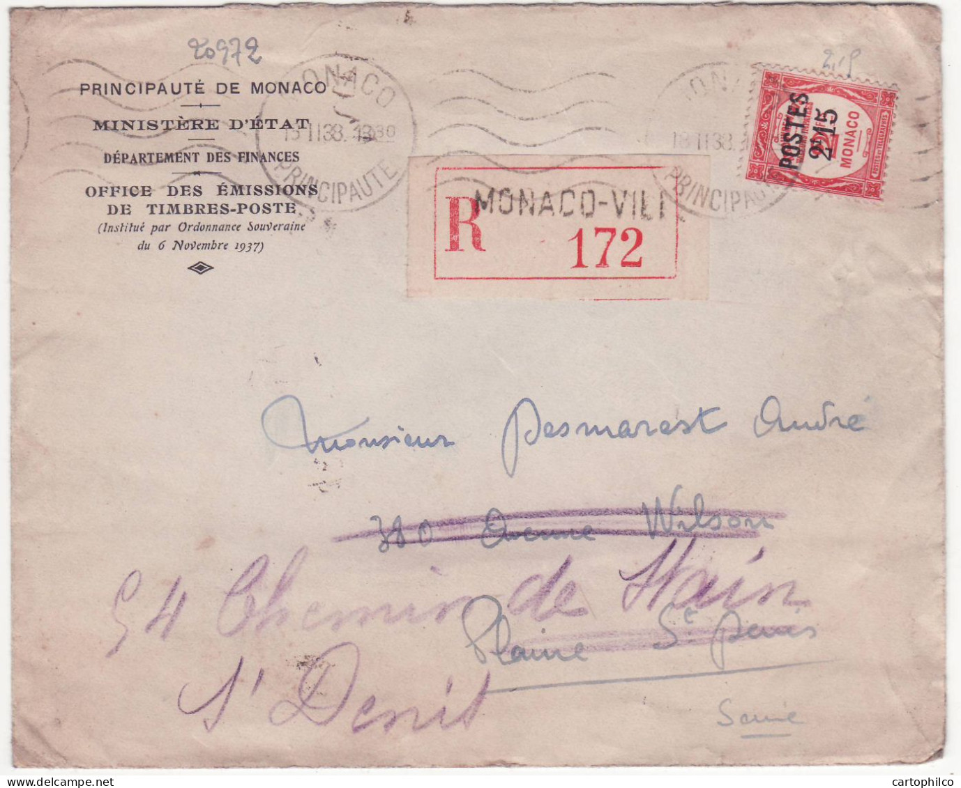 Monaco 2f15 Surcharge Lettre 1938 Pour St Denis Seine - Brieven En Documenten