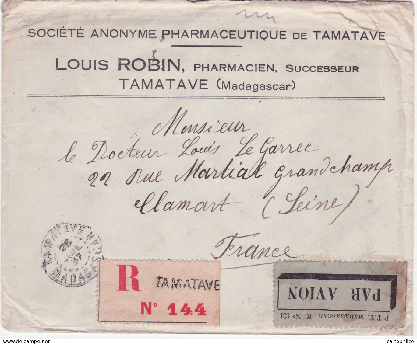 Madagascar Lettre Tamatave Louis Robin Pharmacien Pour Clamart + Aff Au Dos - Cartas & Documentos