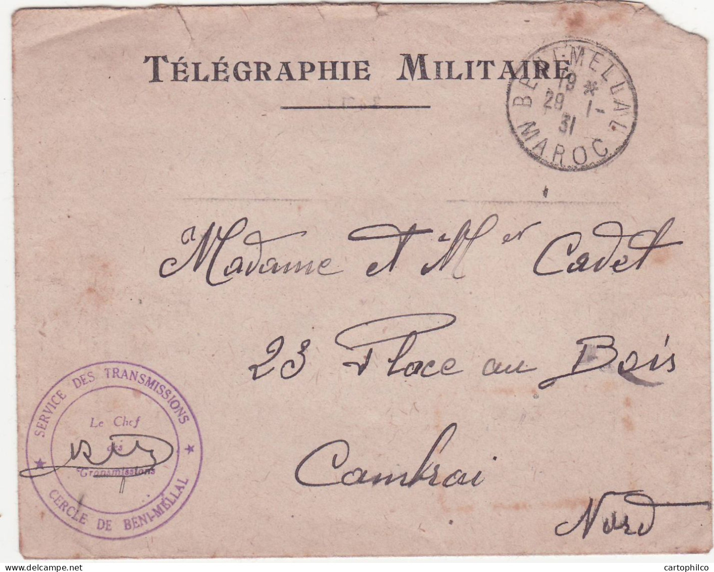 Maroc Lettre 1931 Beni Mellal Avec Cachet Service Des Transmissions Pour Cambrai - Covers & Documents