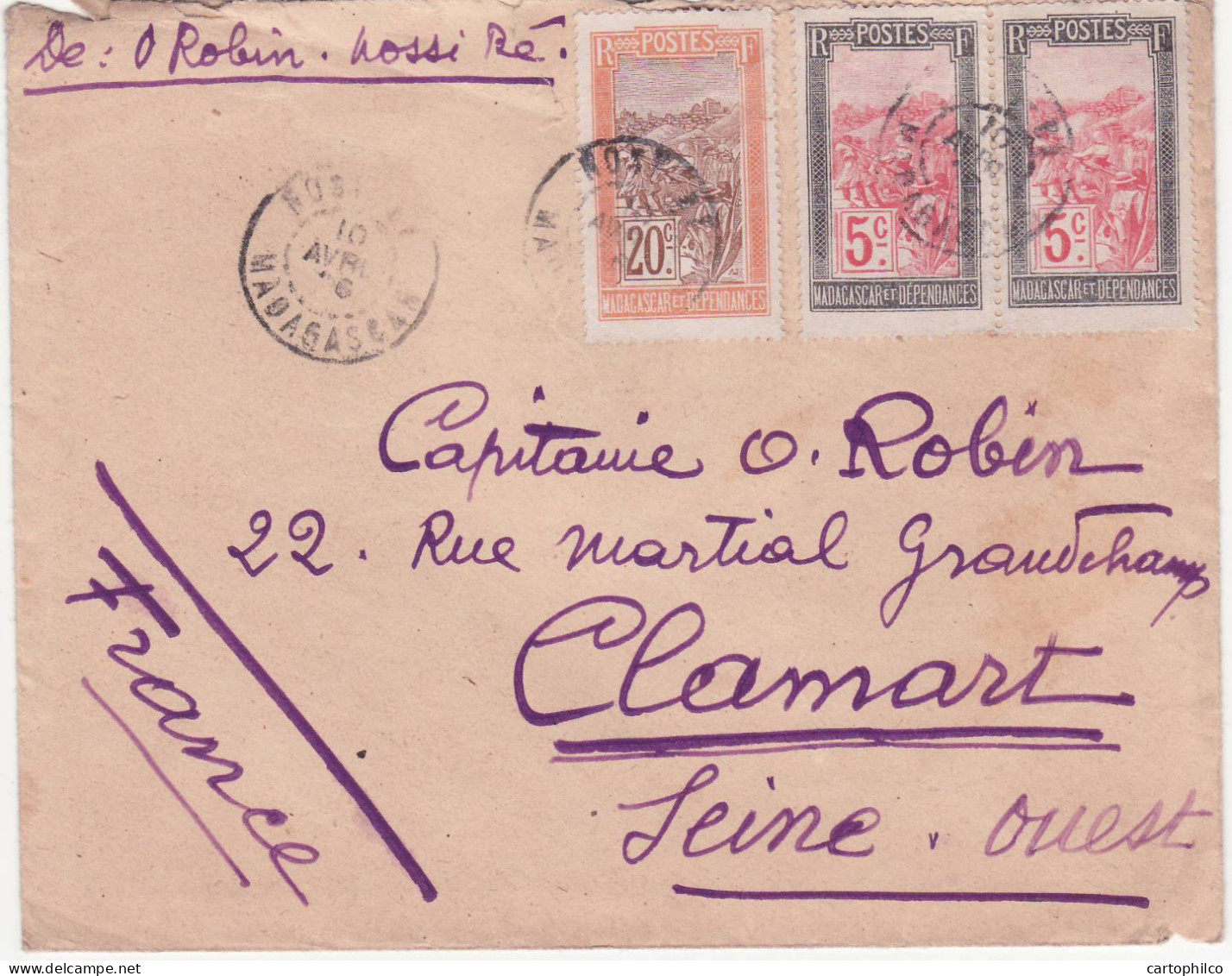 Madgaascar Lettre 1926 Nossi Be Pour Robin Clamart - Cartas & Documentos