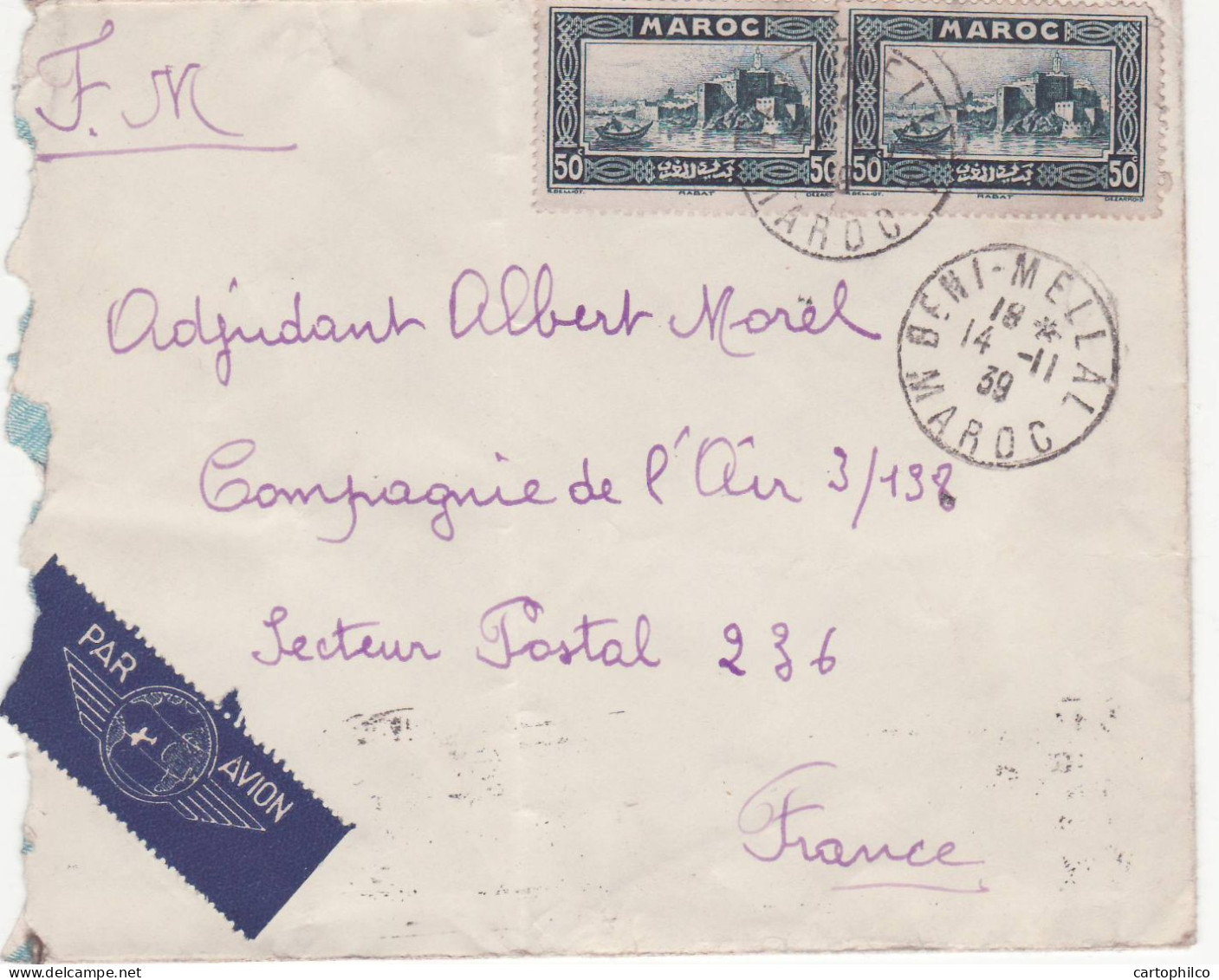 'Maroc Lettre Beni Lellal 1939 Compagnie De L''air Paris' - Briefe U. Dokumente