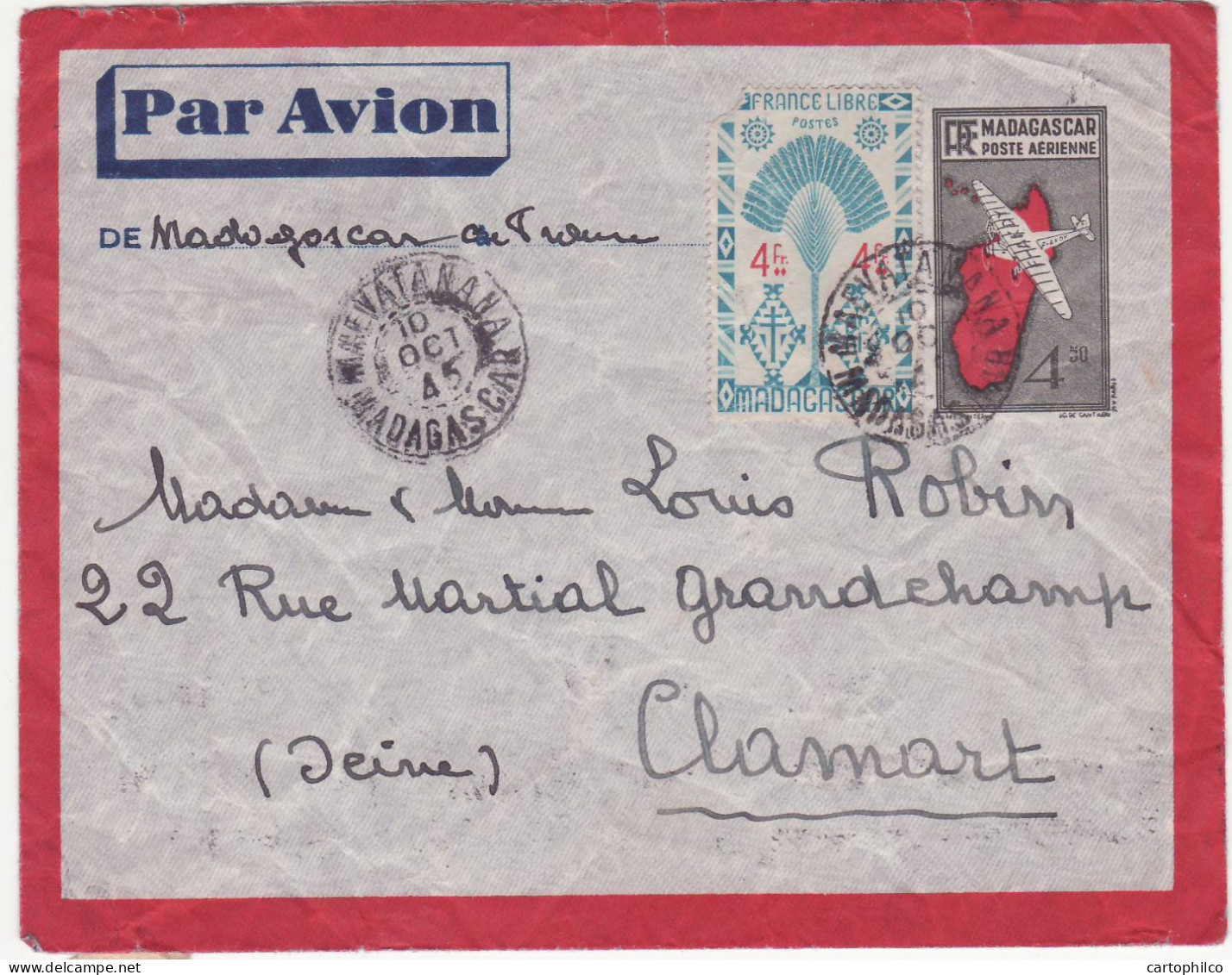 Madagascar Entier Postal 4f50 Par Avion 1945 Pour Robin Clamart France - Cartas & Documentos