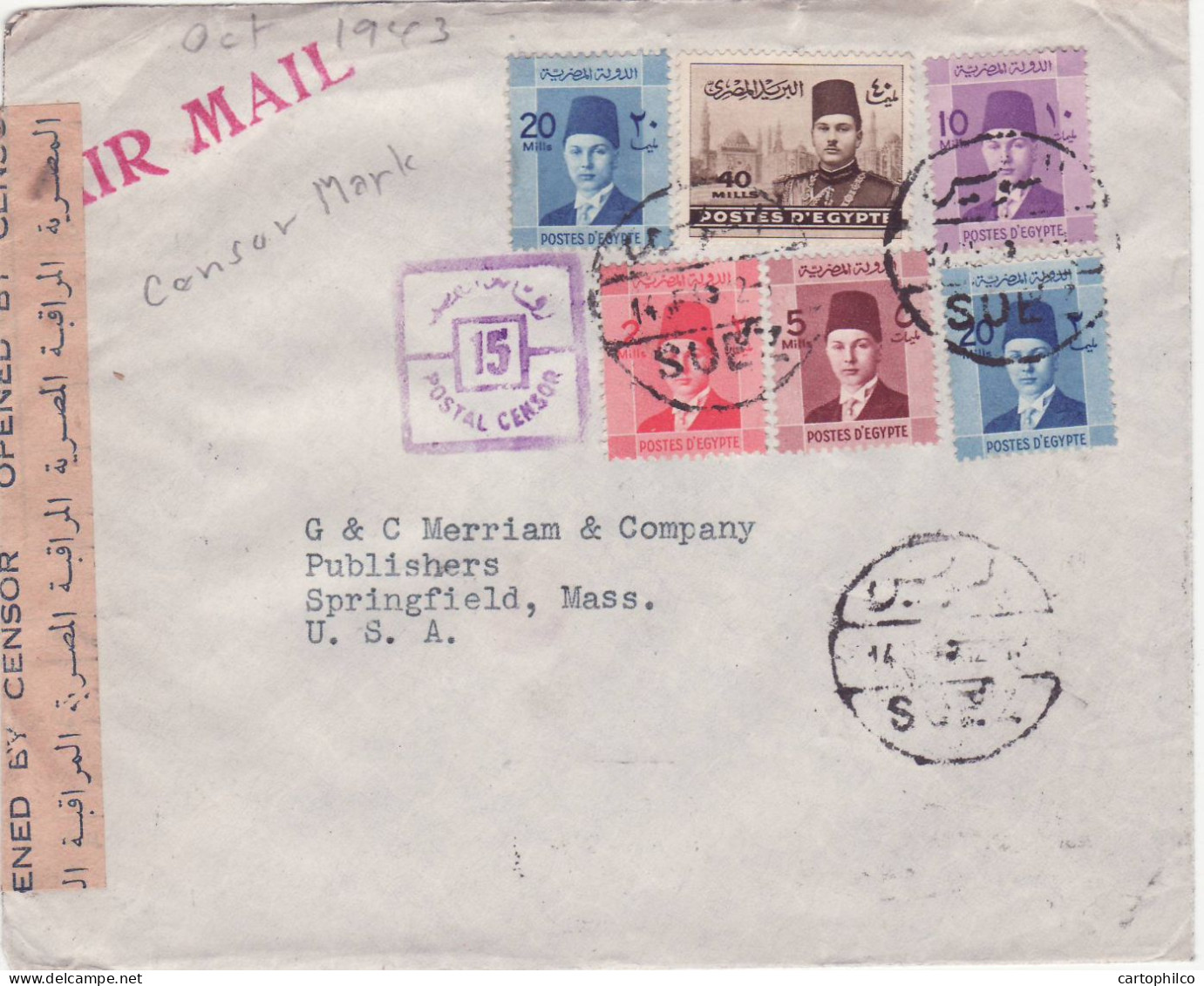 Egypt Censored Cover 1943 For Springfield Mass USA - Lettres & Documents