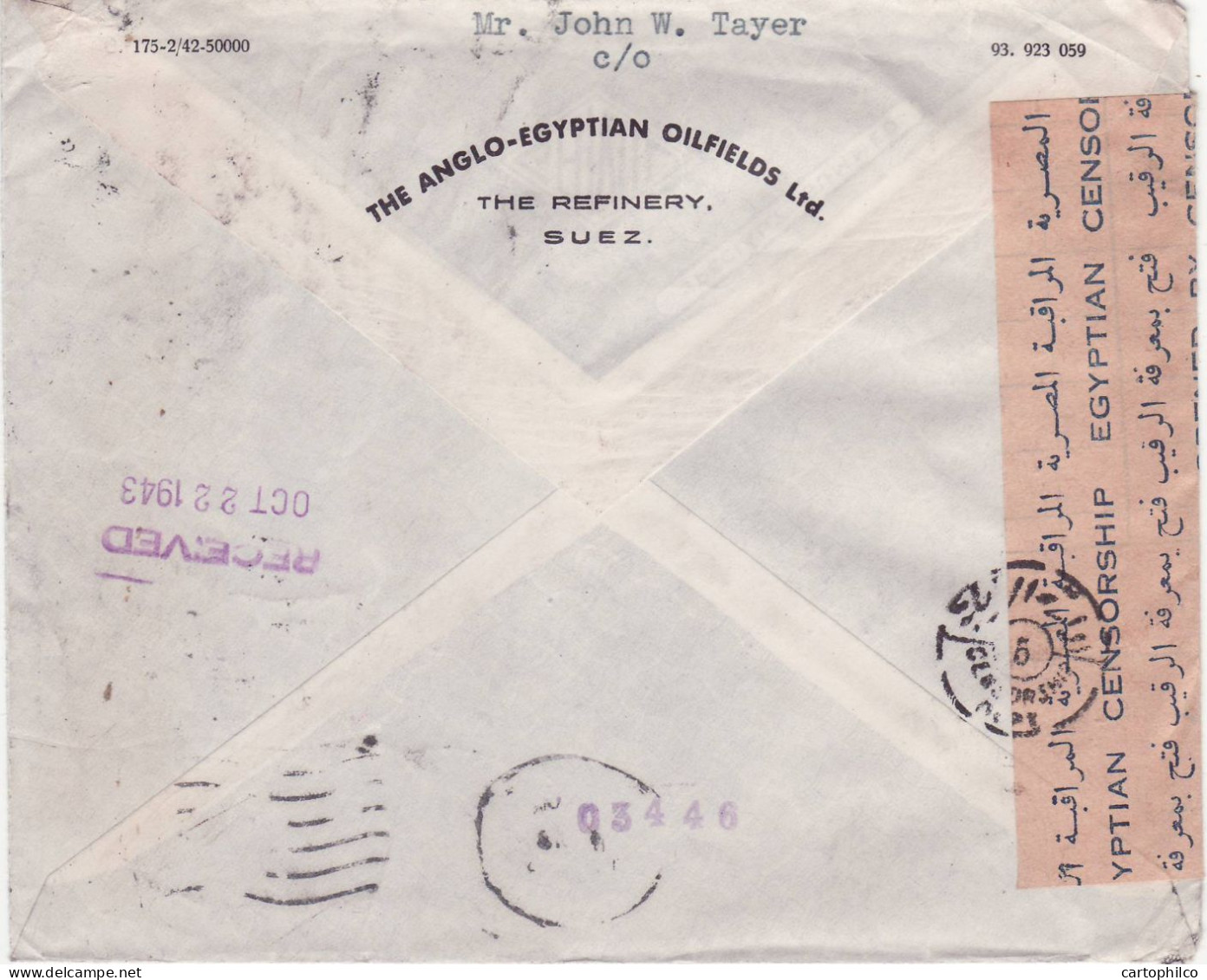 Egypt Censored Cover 1943 For Springfield Mass USA - Covers & Documents